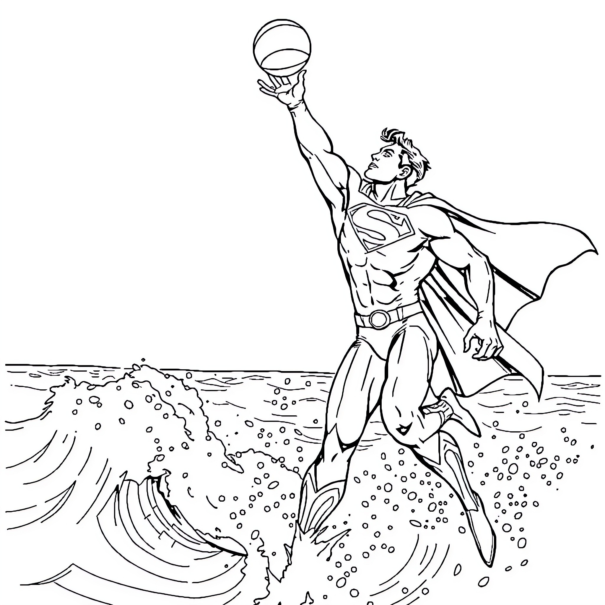 Superman using his super strength to lift a massive wave Coloring Page (free black-and-white line drawing printable PDF for all, from beginners to advanced learners, including children, teens, adults, and seniors)