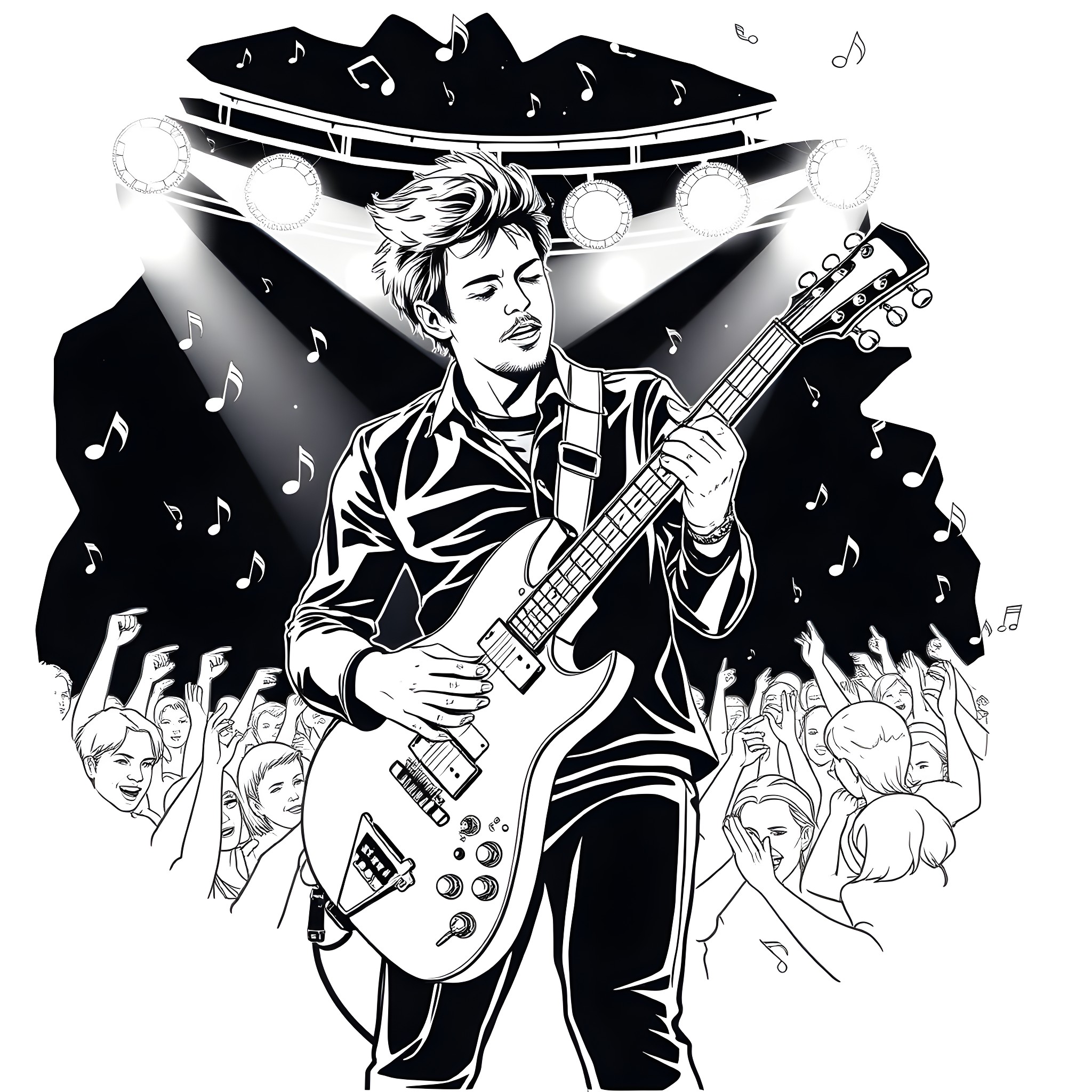 Matt Bellamy's Electrifying Performance on Stage Coloring Page (free black-and-white line drawing printable PDF for all, from beginners to advanced learners, including children, teens, adults, and seniors)