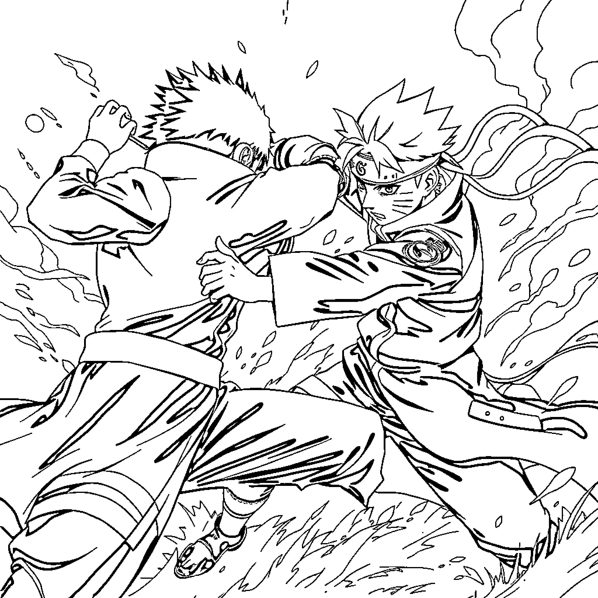 Naruto engaging in fierce combat with intense expressions Coloring Page (free black-and-white line drawing printable PDF for all, from beginners to advanced learners, including children, teens, adults, and seniors)