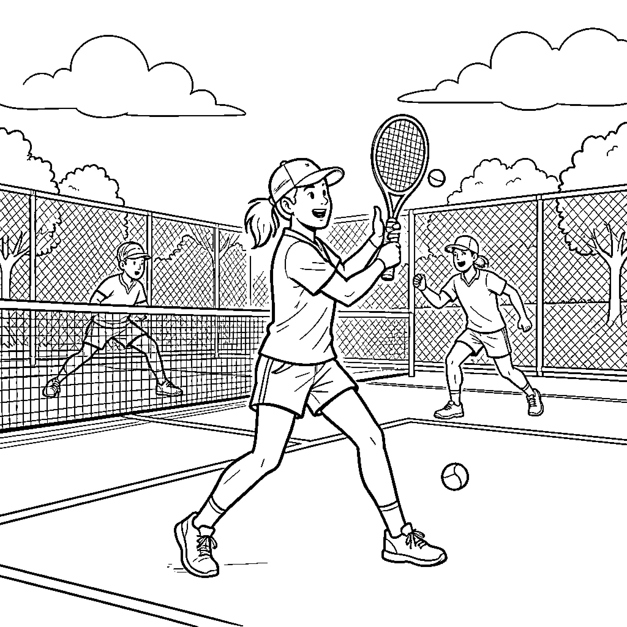 Pakuchu children playing tennis on an outdoor court Coloring Page (free black-and-white line drawing printable PDF for all, from beginners to advanced learners, including children, teens, adults, and seniors)