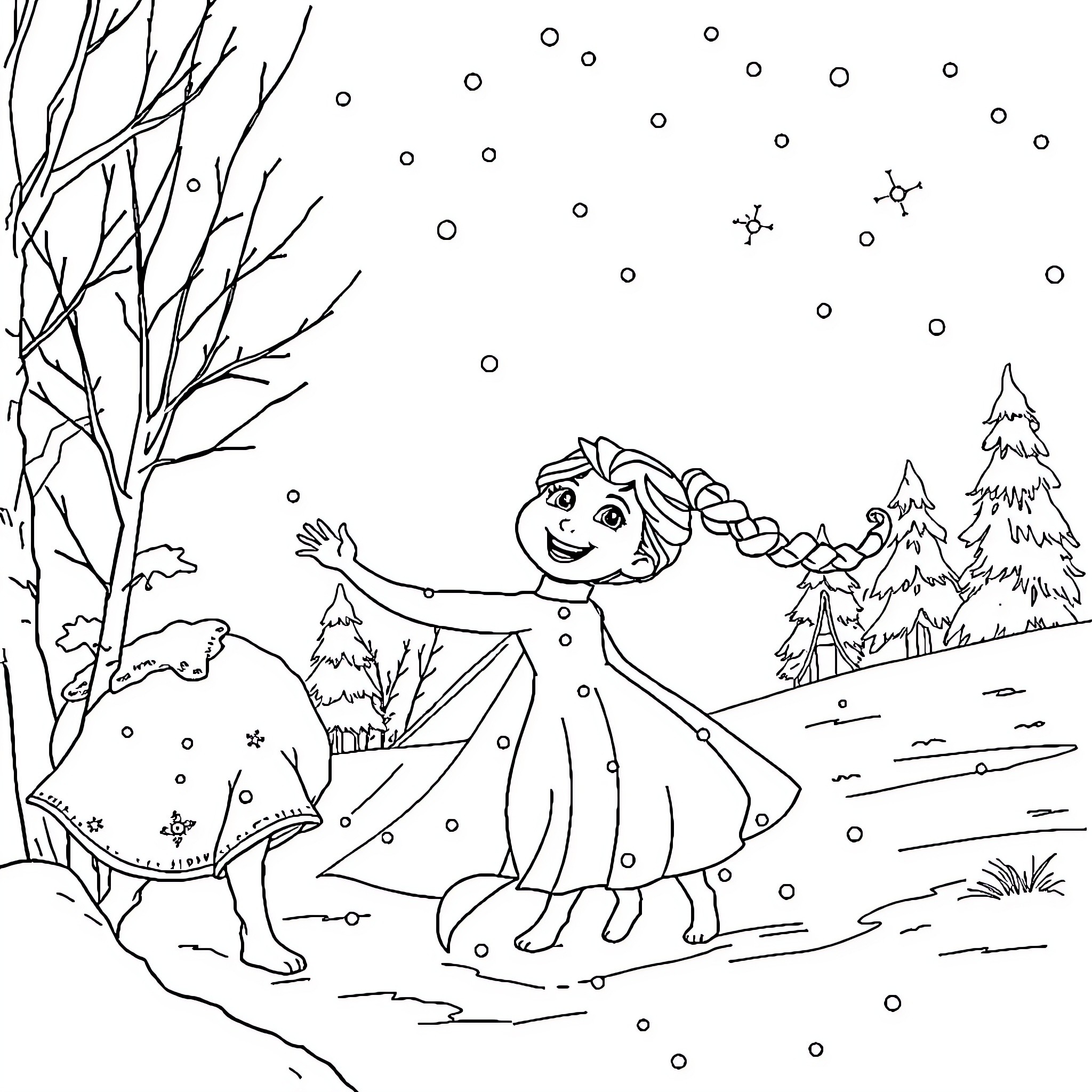 Elsa's Snowy Adventure Coloring Page (free black-and-white line drawing printable PDF for all, from beginners to advanced learners, including children, teens, adults, and seniors)