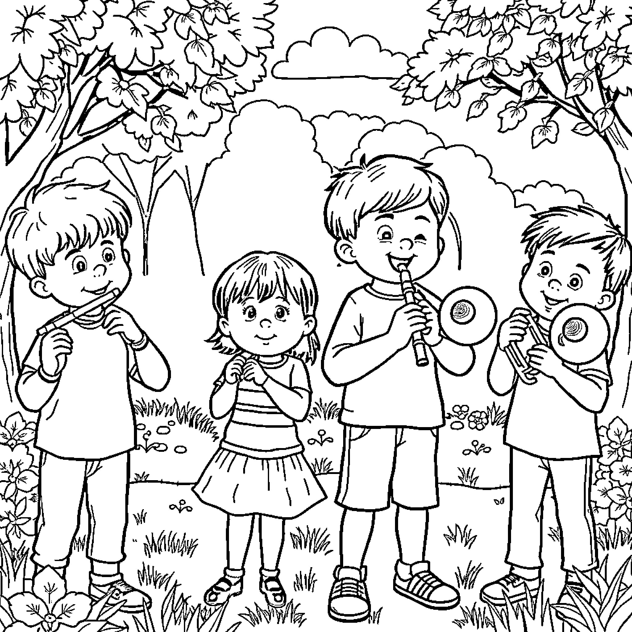 Kid Exploring Nature with Friends in the Outdoors Coloring Page (free black-and-white line drawing printable PDF for all, from beginners to advanced learners, including children, teens, adults, and seniors)