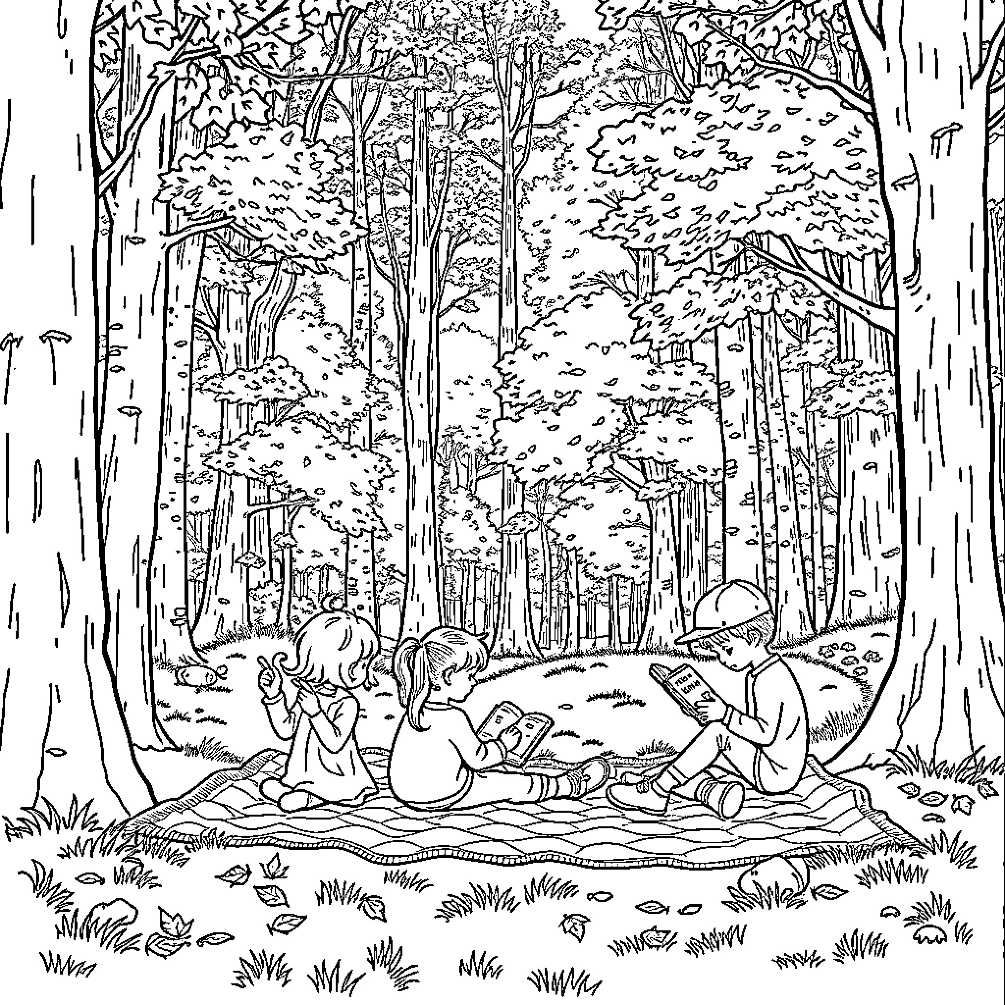 Child Exploring Nature in the Forest Coloring Page (free black-and-white line drawing printable PDF for all, from beginners to advanced learners, including children, teens, adults, and seniors)