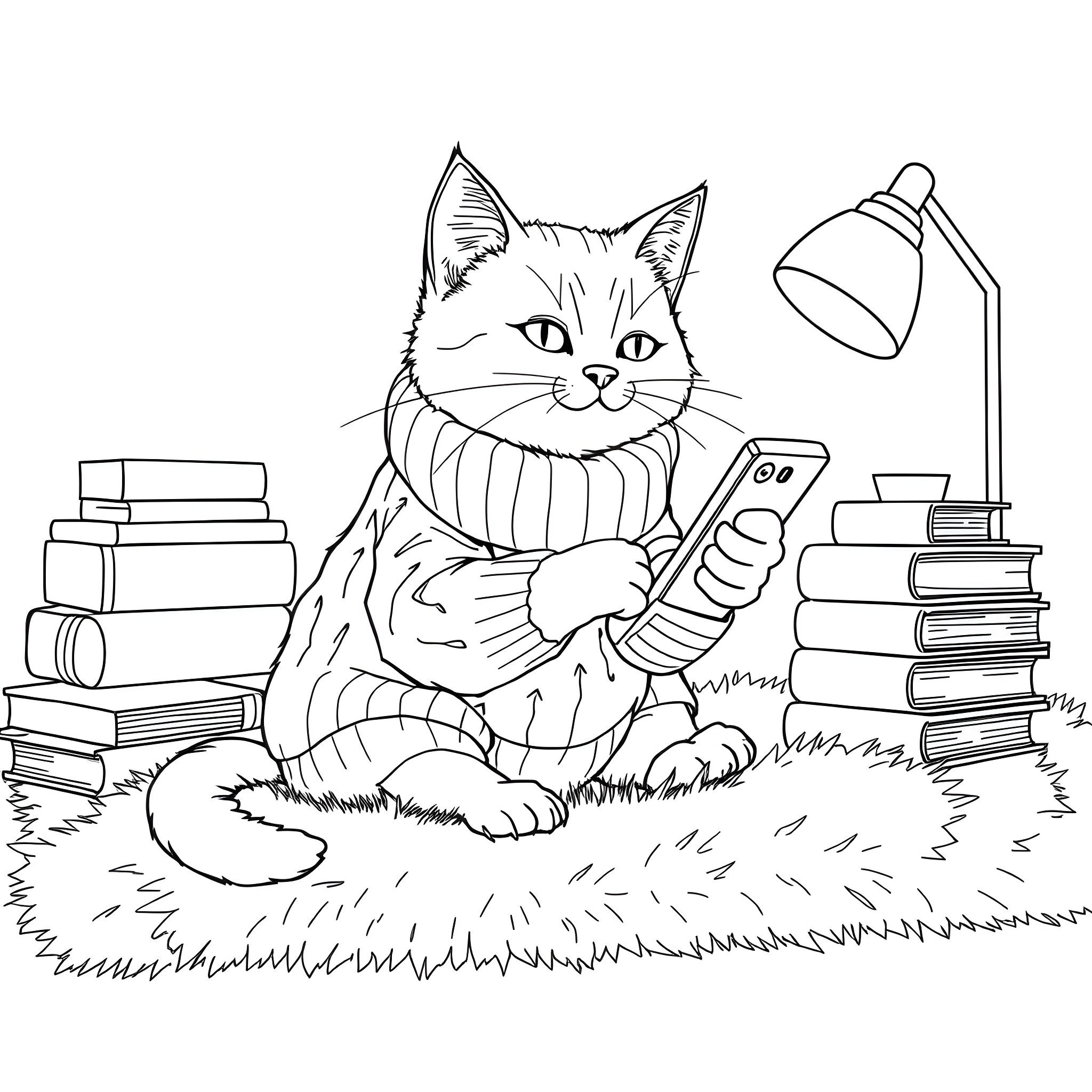 Cat reading book near lamp in study Coloring Page (free black-and-white line drawing printable PDF for all, from beginners to advanced learners, including children, teens, adults, and seniors)