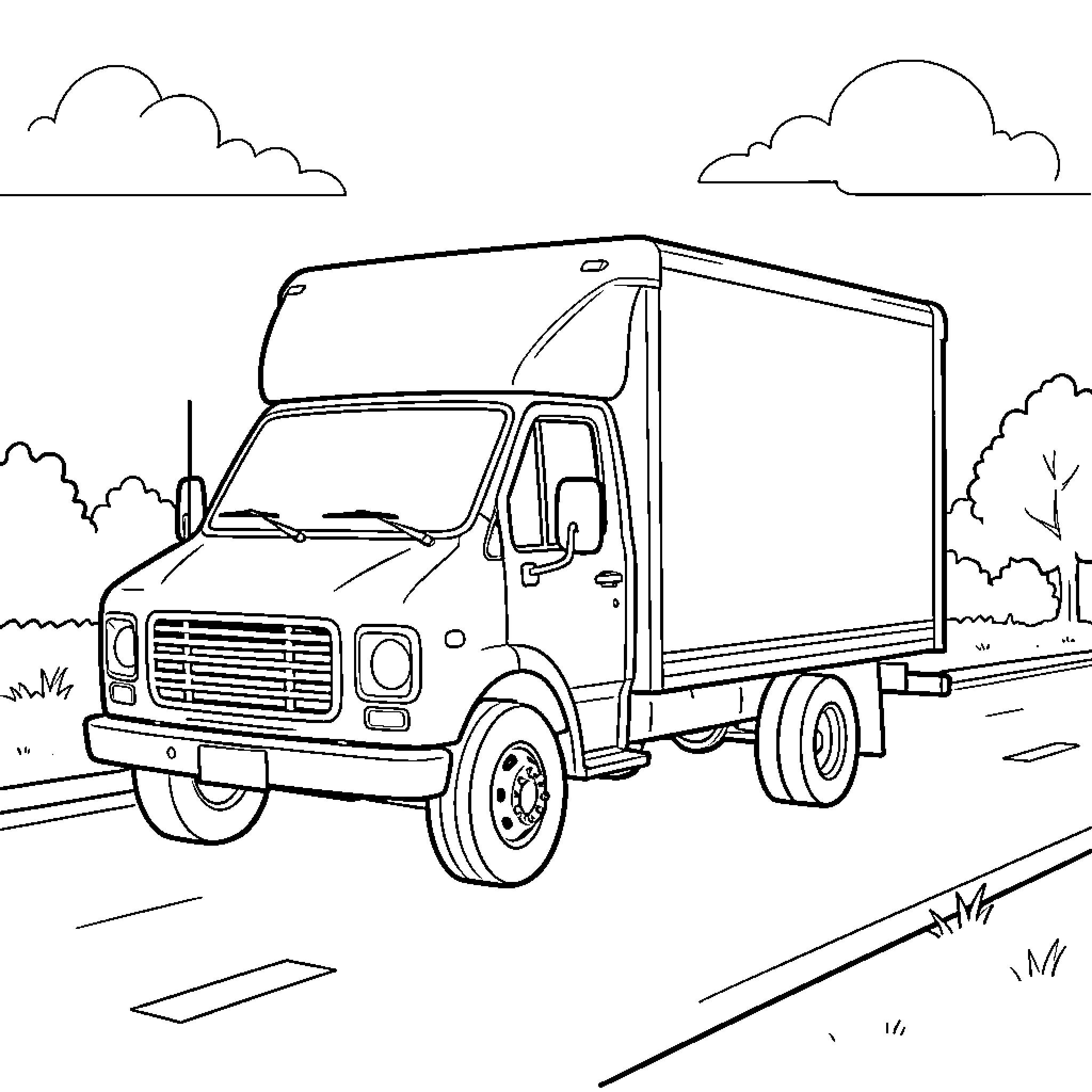 U-Haul Truck driving along a quiet road Coloring Page (free black-and-white line drawing printable PDF for all, from beginners to advanced learners, including children, teens, adults, and seniors)
