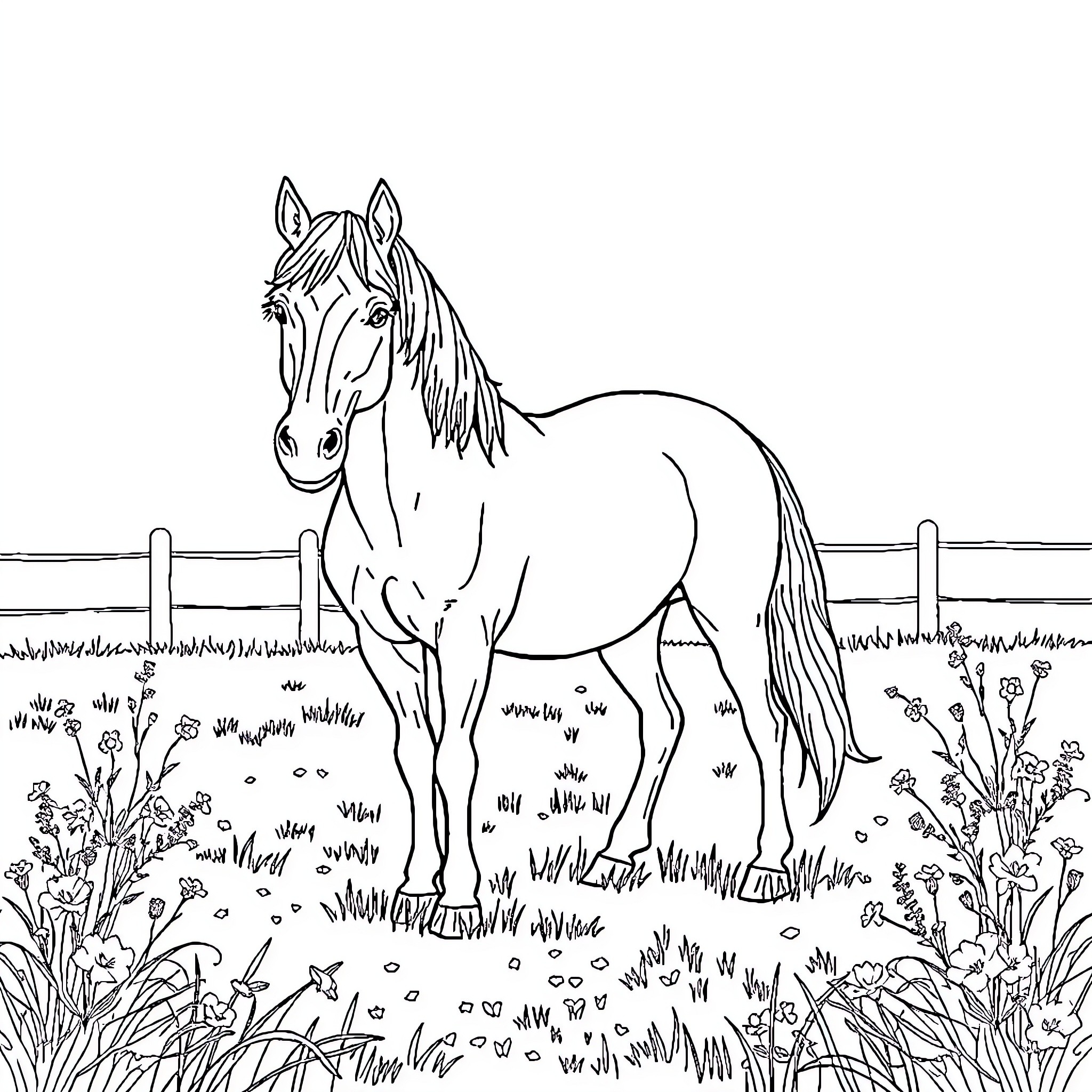 Horse standing in grassy field Coloring Page (free black-and-white line drawing printable PDF for all, from beginners to advanced learners, including children, teens, adults, and seniors)