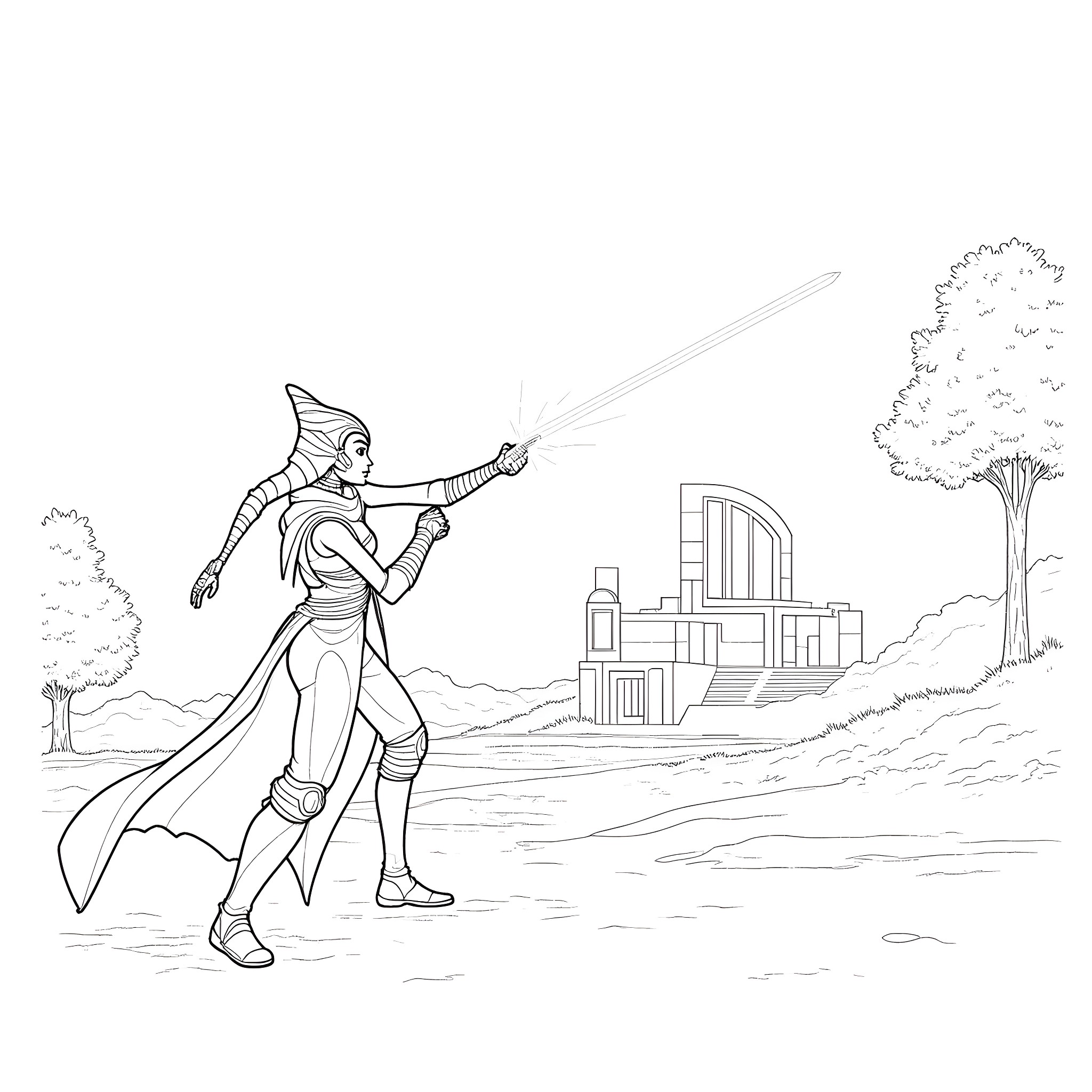 Ahsoka Tano engaging in action against futuristic cityscape Coloring Page (free black-and-white line drawing printable PDF for all, from beginners to advanced learners, including children, teens, adults, and seniors)