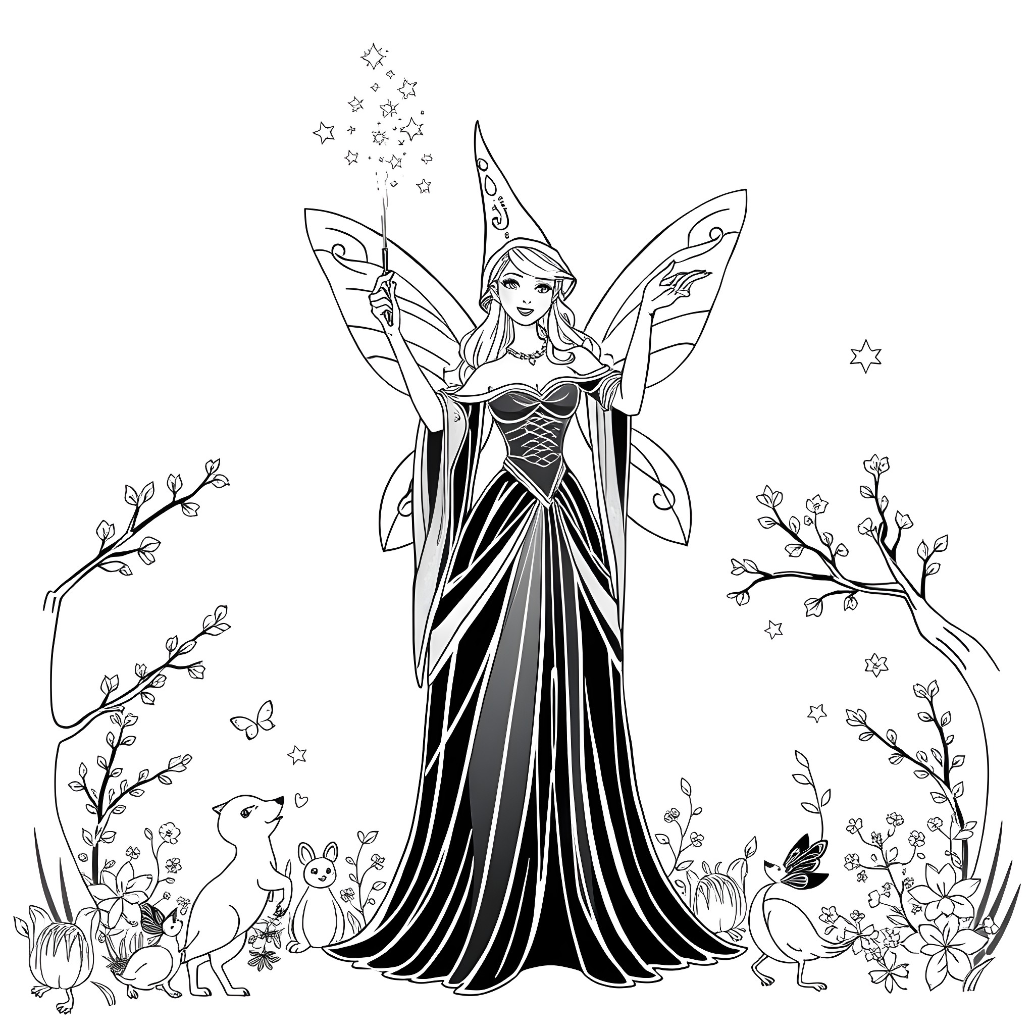 Fairy Godmother Spreads Enchantment in the Enchanted Forest Coloring Page (free black-and-white line drawing printable PDF for all, from beginners to advanced learners, including children, teens, adults, and seniors)