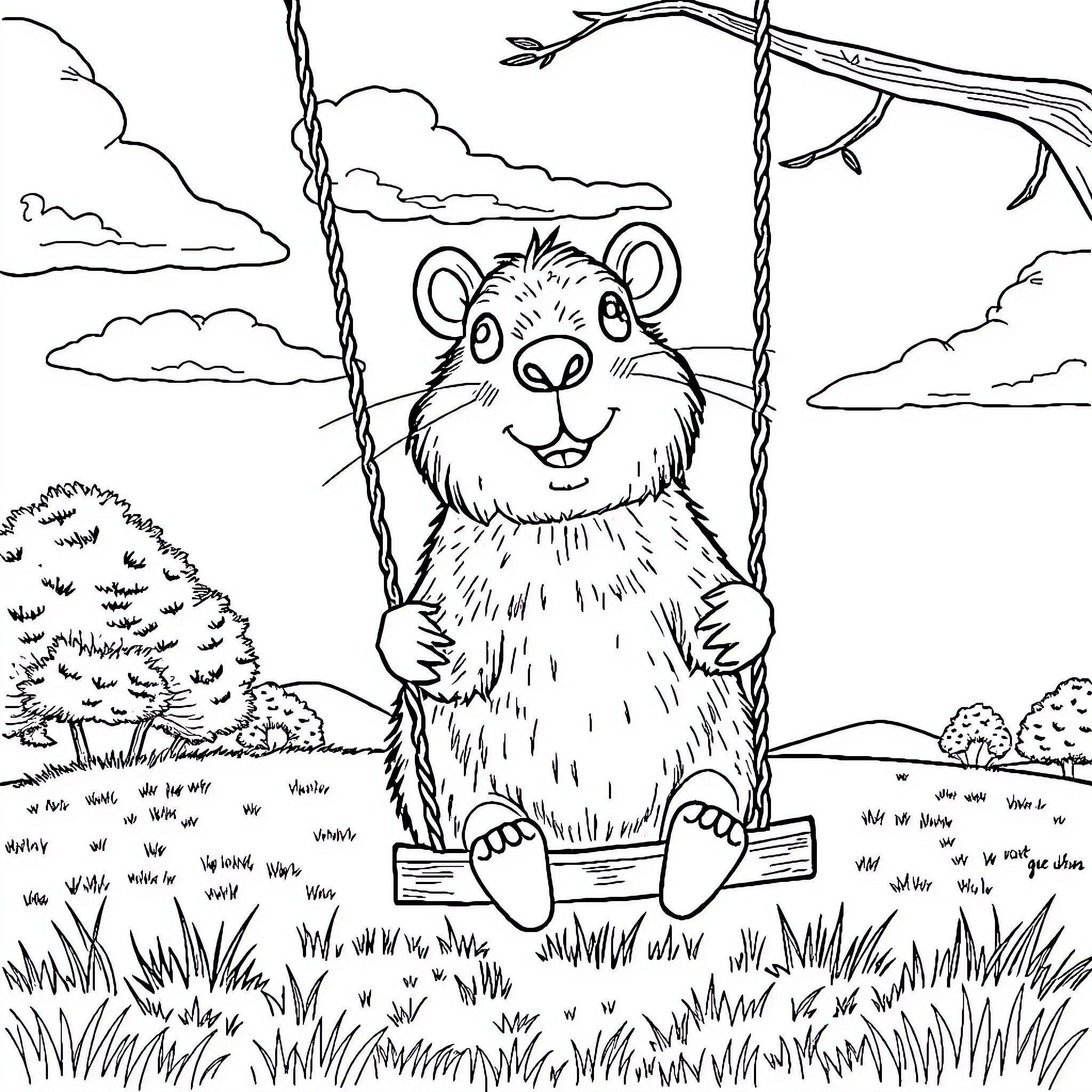 Capybara enjoying a peaceful swing in nature Coloring Page (free black-and-white line drawing printable PDF for all, from beginners to advanced learners, including children, teens, adults, and seniors)
