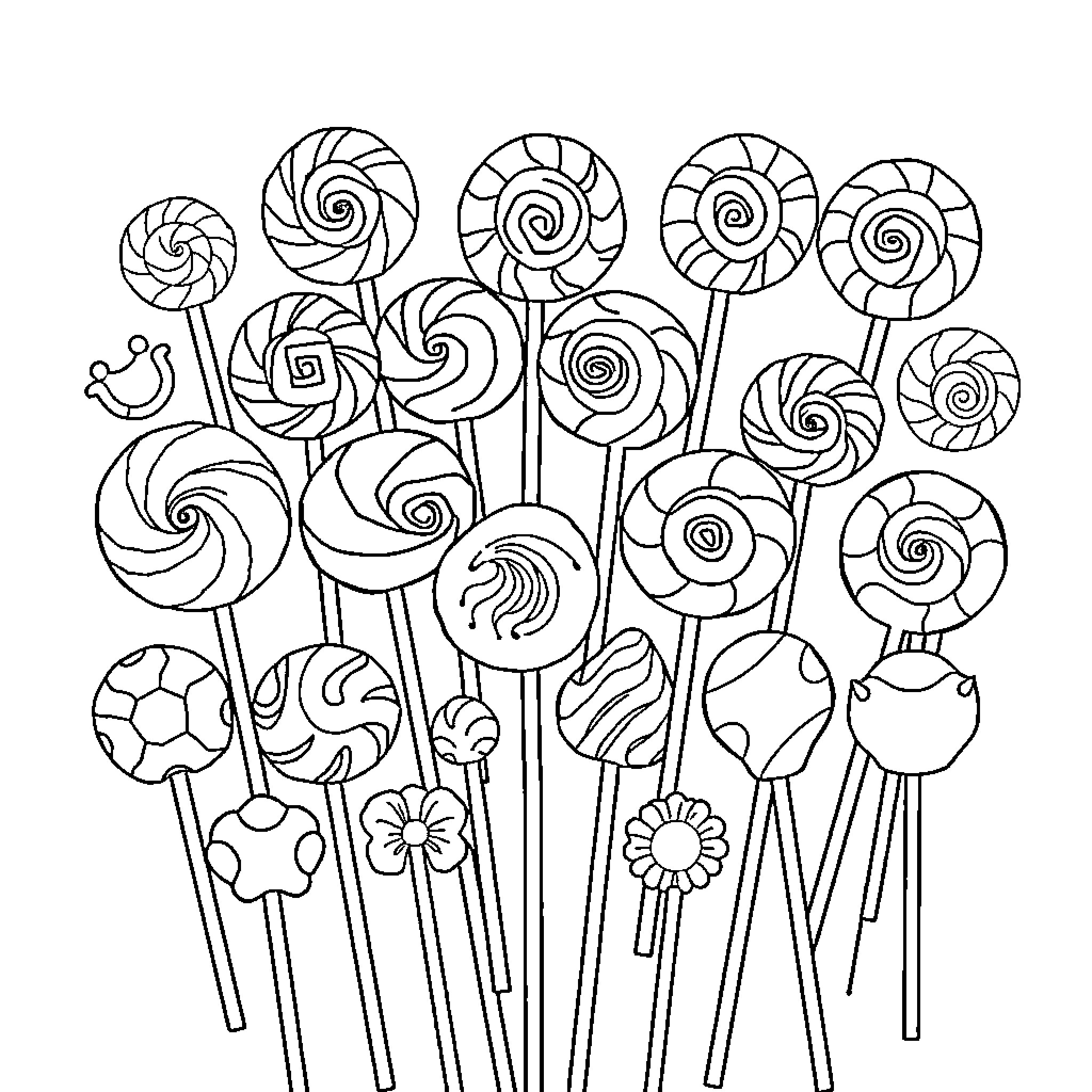 Lollipop Bouquet of Whimsical Swirls and Shapes Coloring Page (free black-and-white line drawing printable PDF for all, from beginners to advanced learners, including children, teens, adults, and seniors)