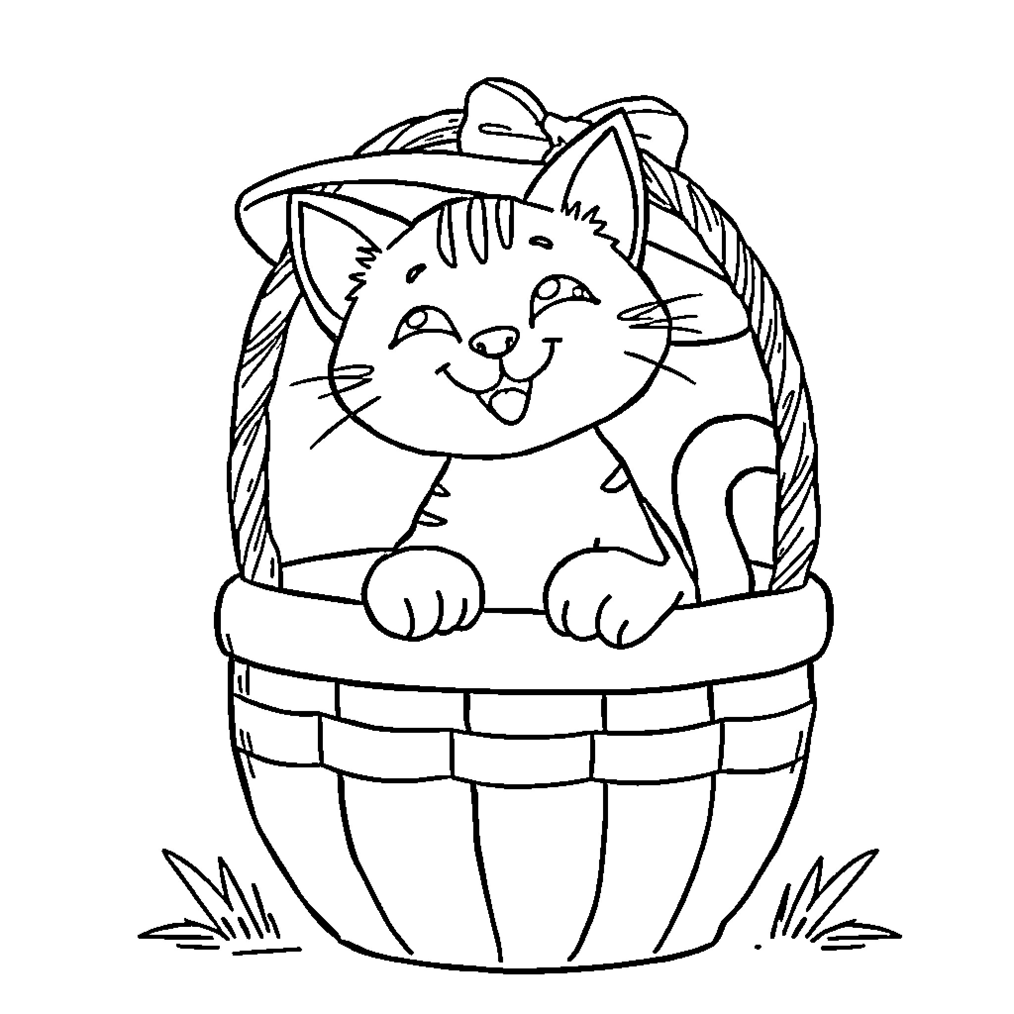 Cat in a Basket Coloring Page (free black-and-white line drawing printable PDF for all, from beginners to advanced learners, including children, teens, adults, and seniors)