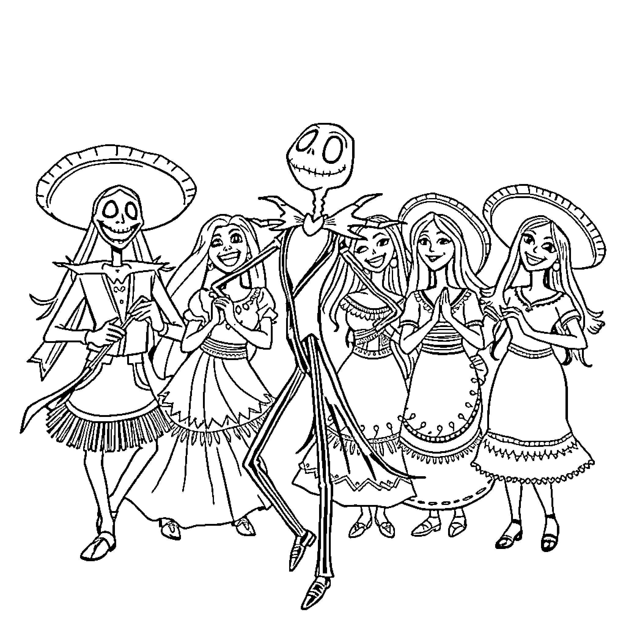 Jack Skeleton and friends in colorful outfits Coloring Page (free black-and-white line drawing printable PDF for all, from beginners to advanced learners, including children, teens, adults, and seniors)