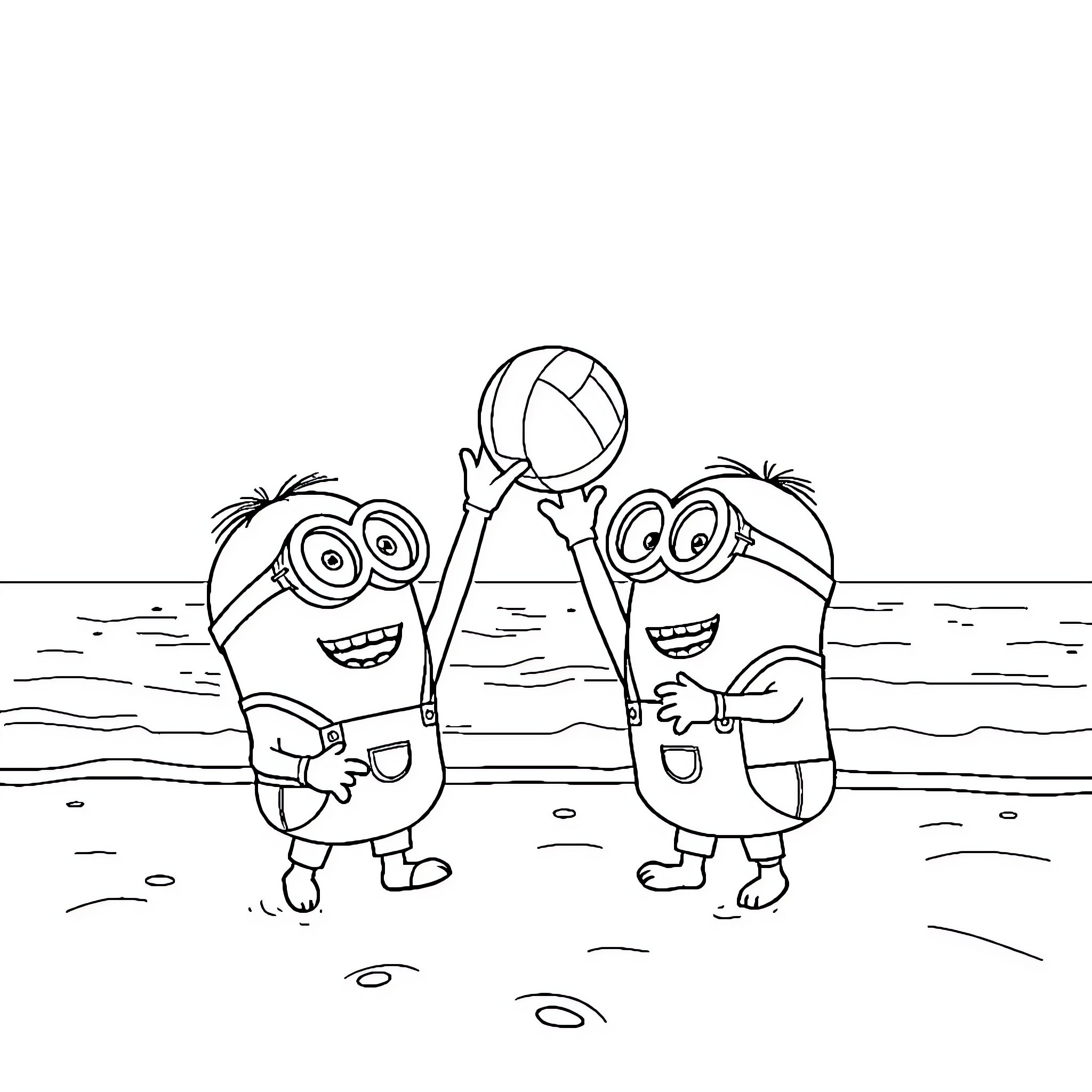 Minions playing on the beach with a beach ball Coloring Page (free black-and-white line drawing printable PDF for all, from beginners to advanced learners, including children, teens, adults, and seniors)