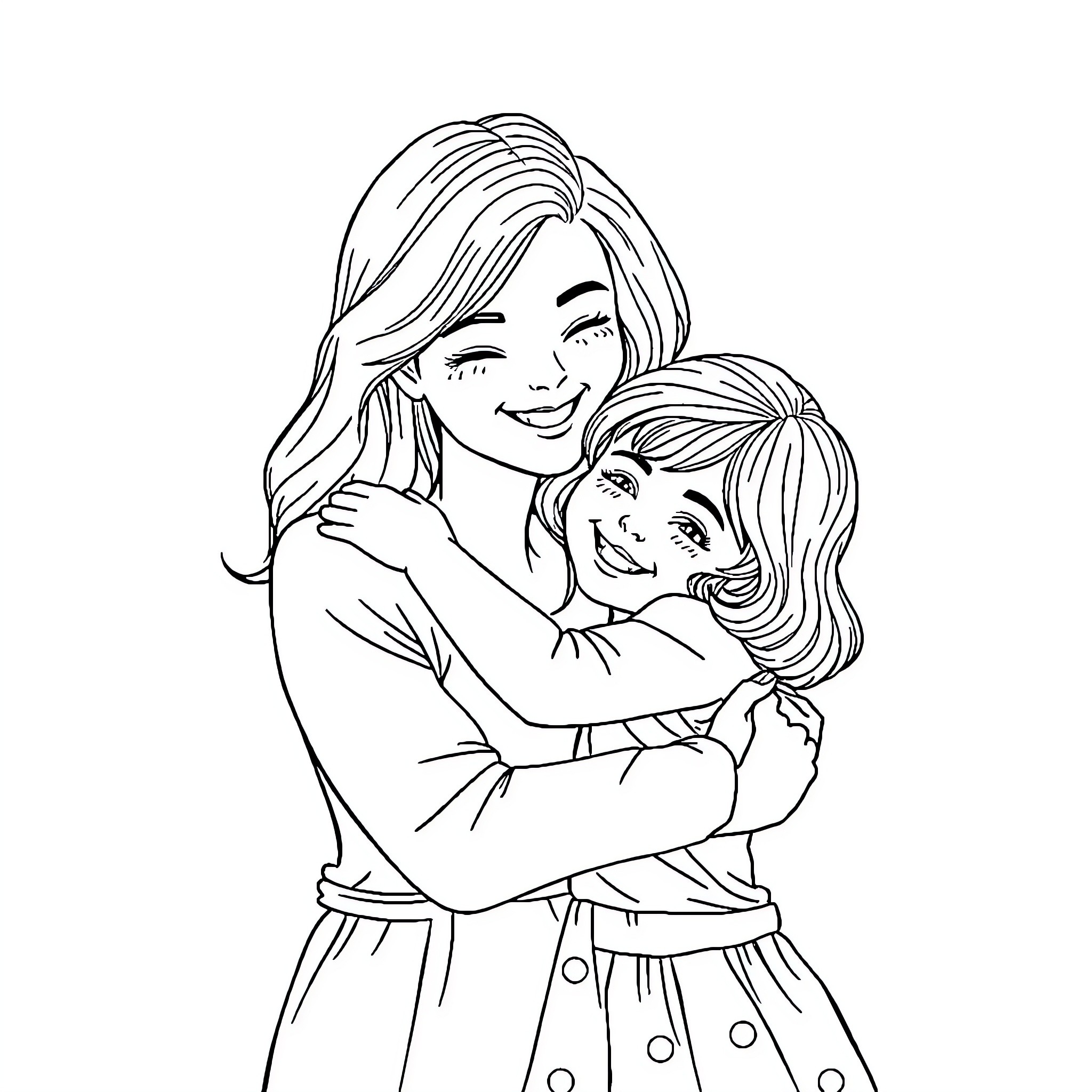 Mom and Child Sharing a Tender Moment Coloring Page (free black-and-white line drawing printable PDF for all, from beginners to advanced learners, including children, teens, adults, and seniors)