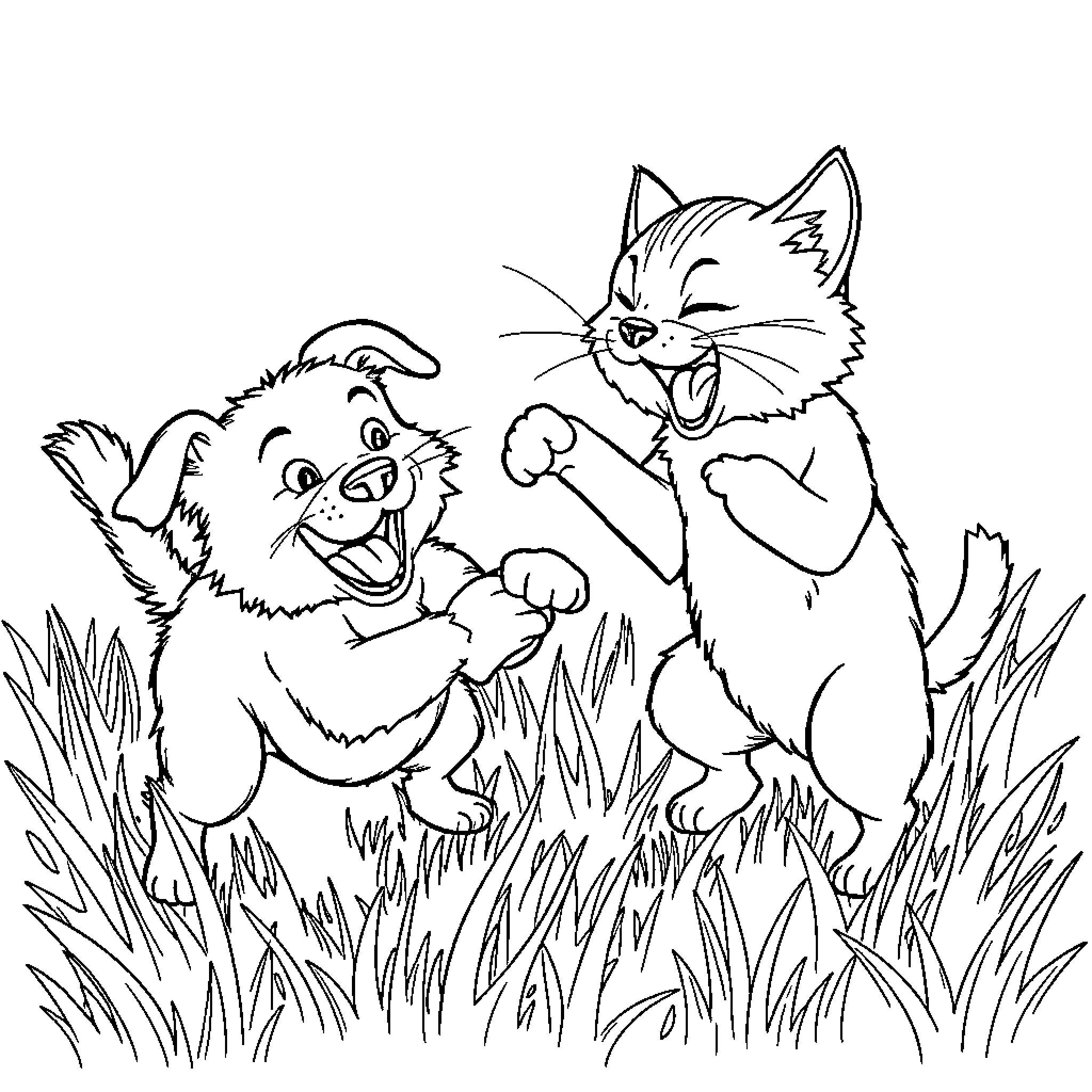 Dog and cat playing together in the grass Coloring Page (free black-and-white line drawing printable PDF for all, from beginners to advanced learners, including children, teens, adults, and seniors)