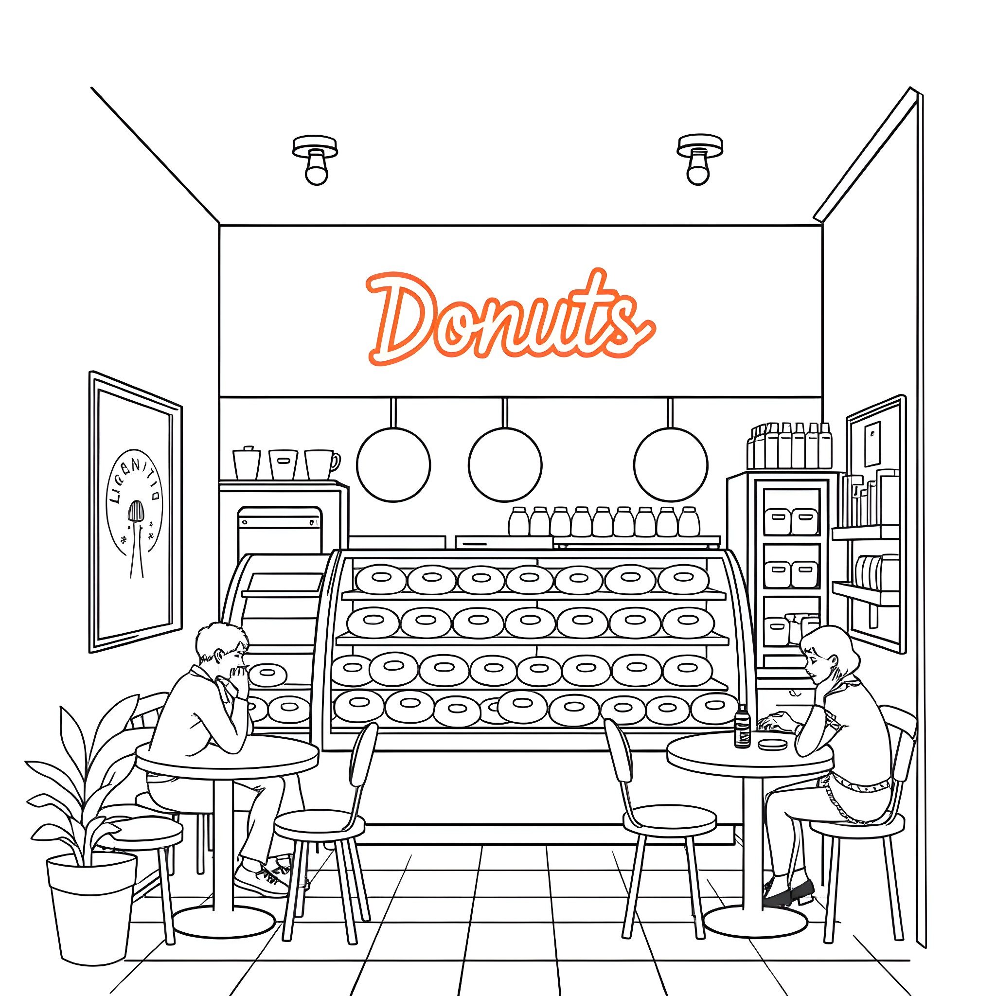 Krispy Kreme Donut Shop with Customers Coloring Page (free black-and-white line drawing printable PDF for all, from beginners to advanced learners, including children, teens, adults, and seniors)