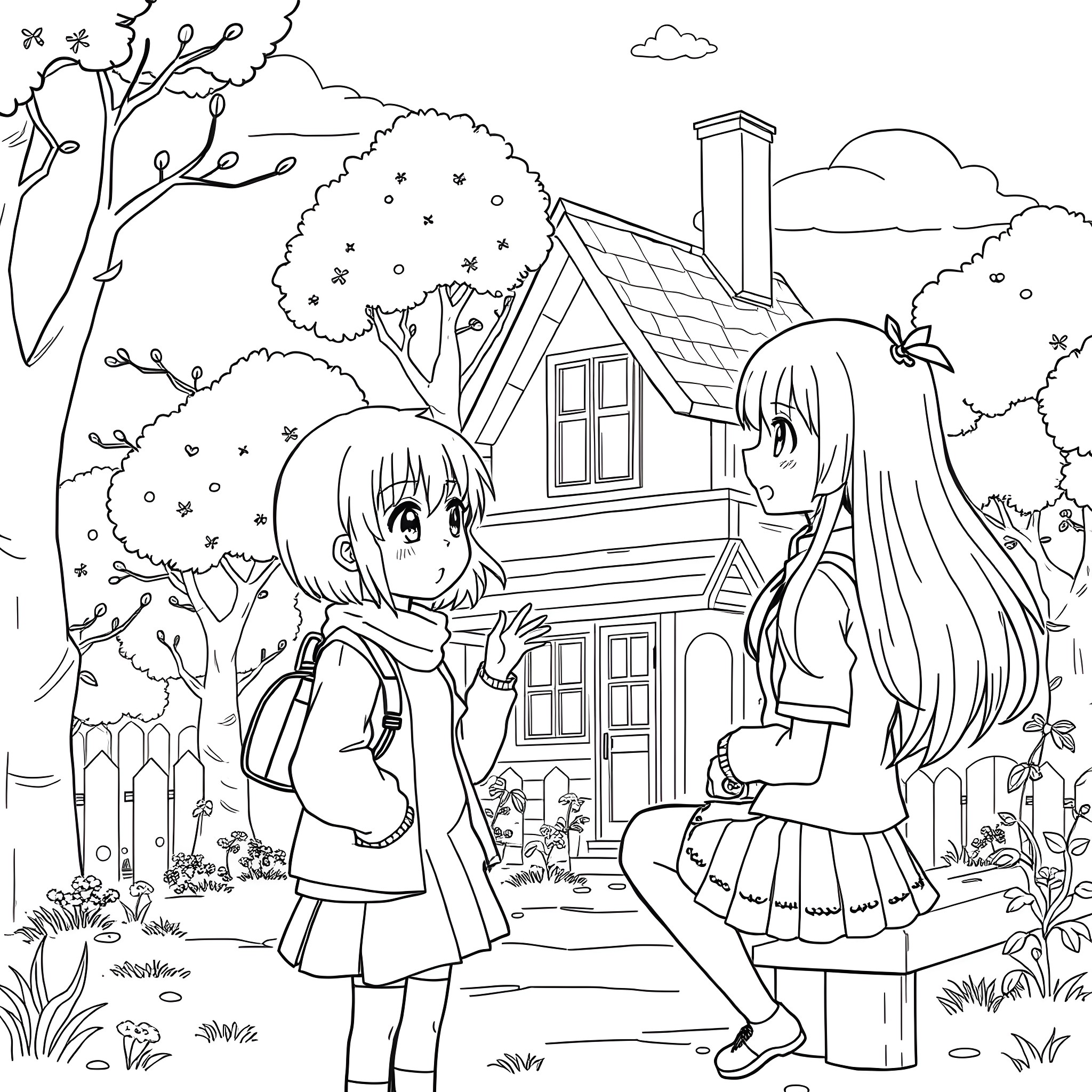 Anime Characters Conversing in Peaceful Garden Coloring Page (free black-and-white line drawing printable PDF for all, from beginners to advanced learners, including children, teens, adults, and seniors)