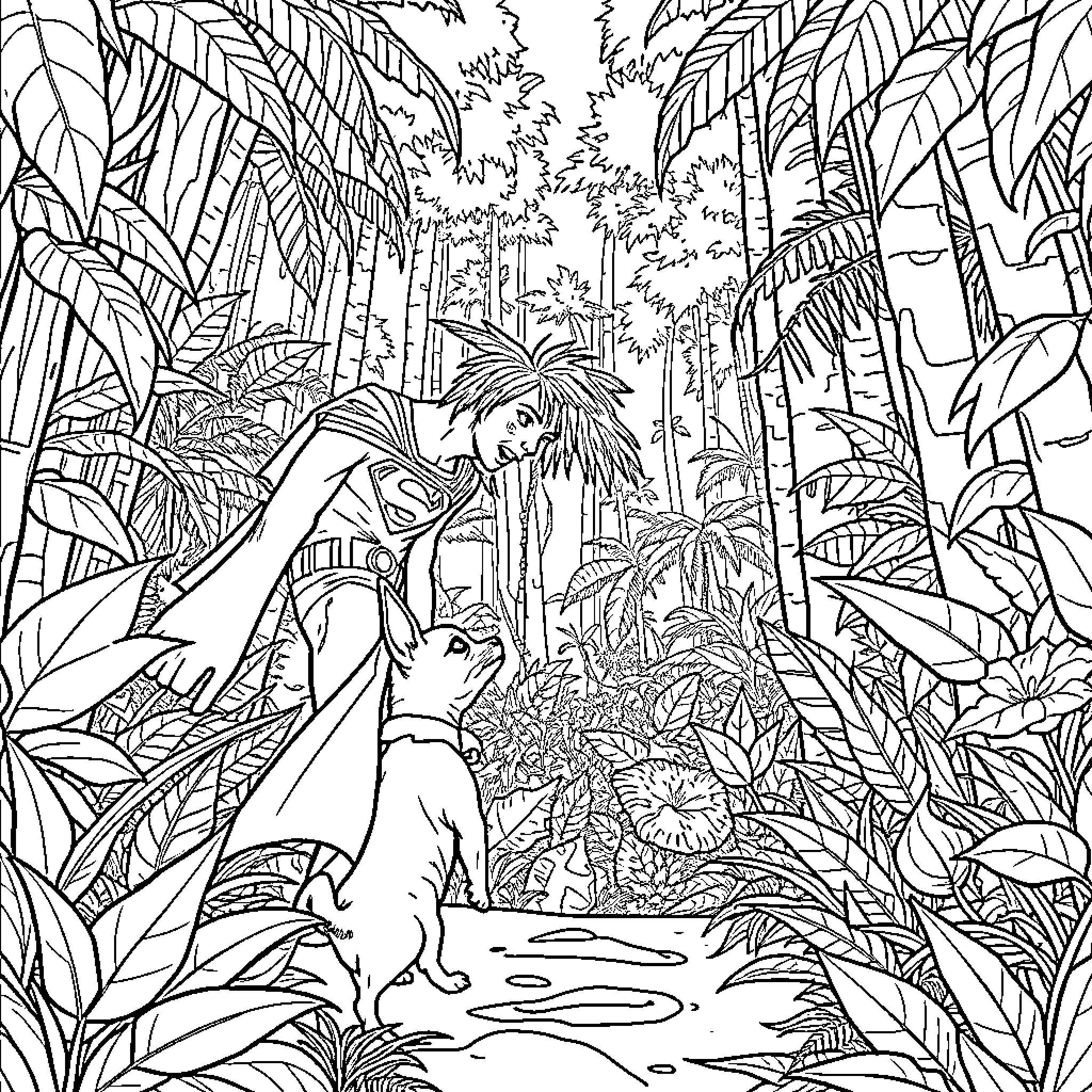 Chihuahua relaxing in lush tropical jungle Coloring Page (free black-and-white line drawing printable PDF for all, from beginners to advanced learners, including children, teens, adults, and seniors)