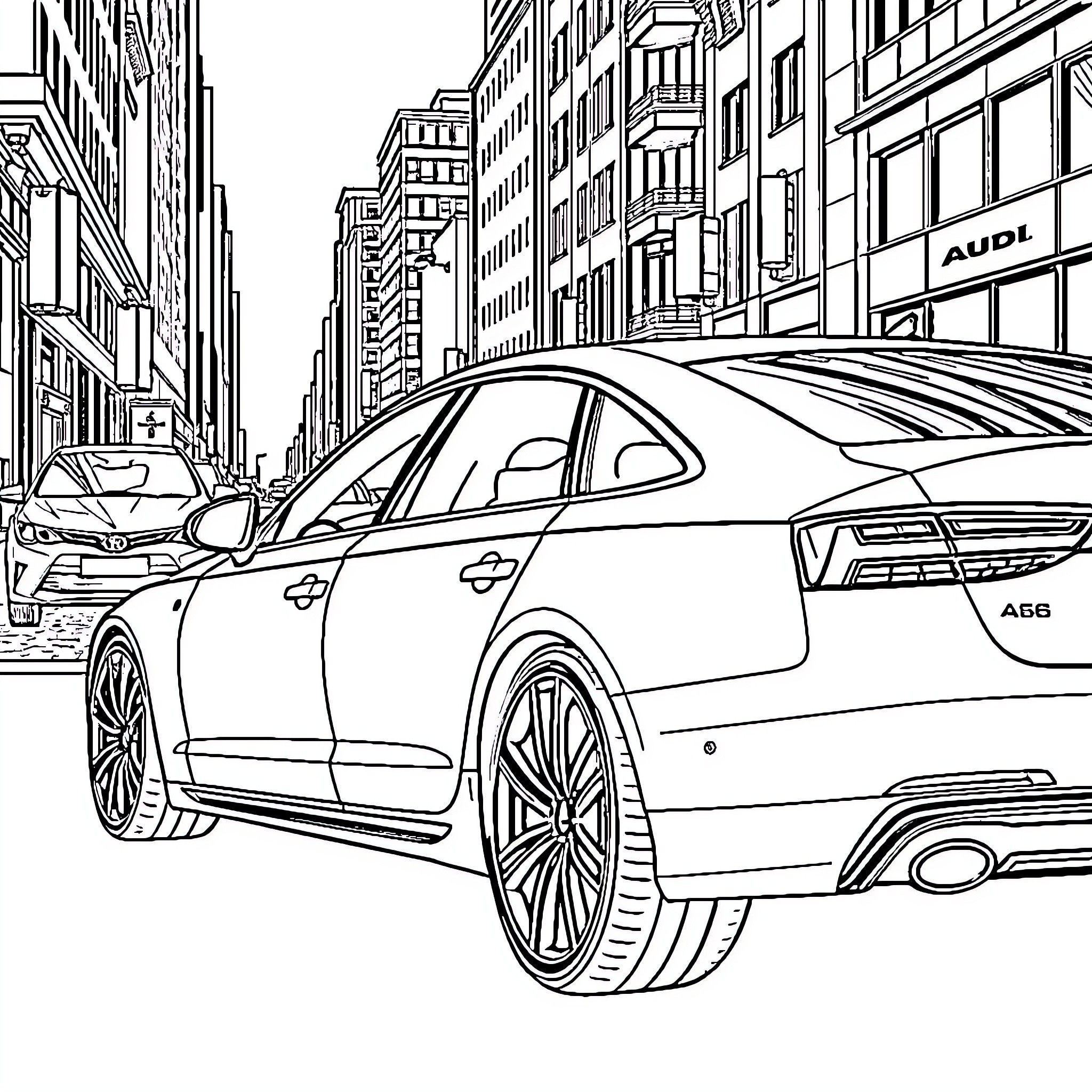 Audi A6 on city street Coloring Page (free black-and-white line drawing printable PDF for all, from beginners to advanced learners, including children, teens, adults, and seniors)