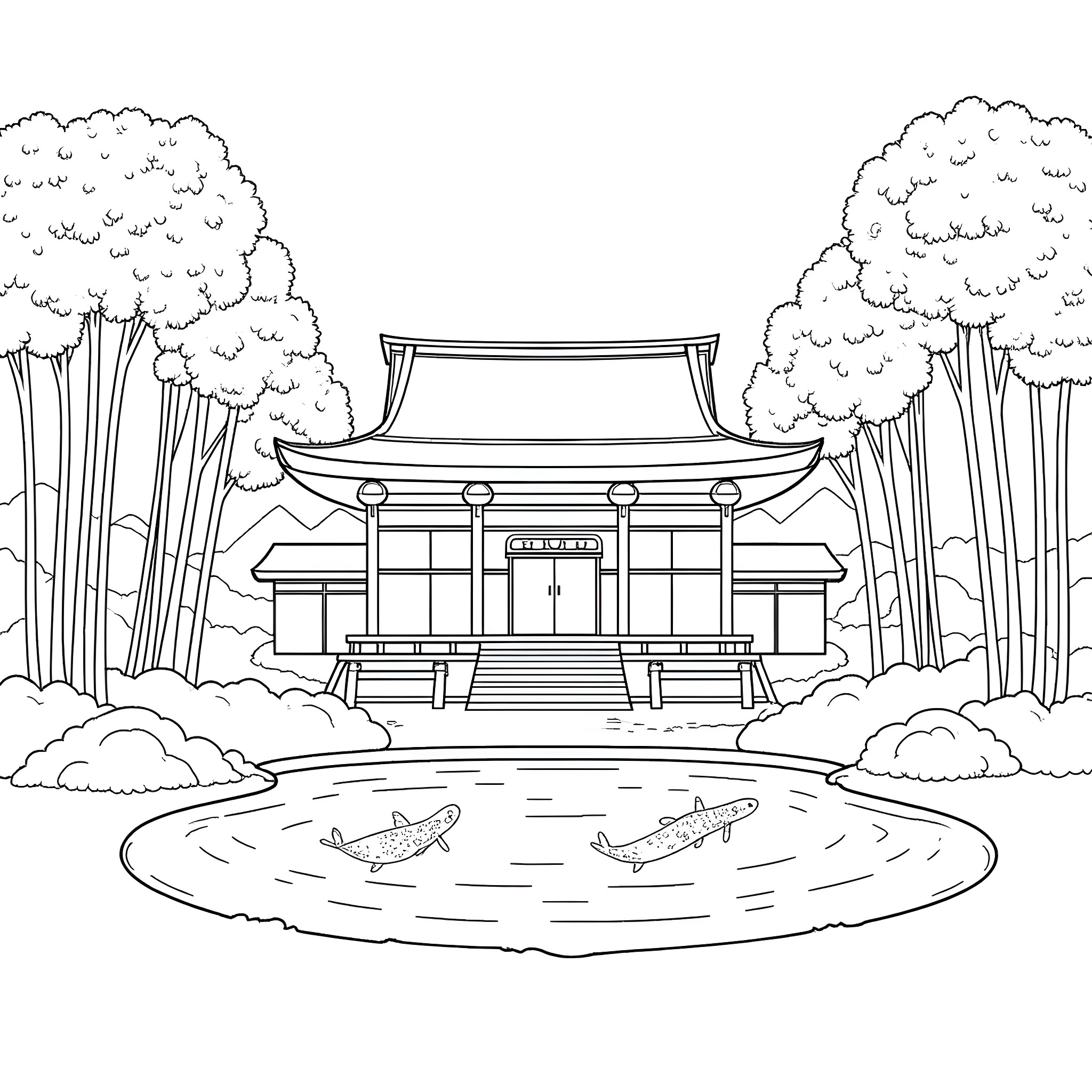 Zen Temple in the Tranquil Forest Coloring Page (free black-and-white line drawing printable PDF for all, from beginners to advanced learners, including children, teens, adults, and seniors)