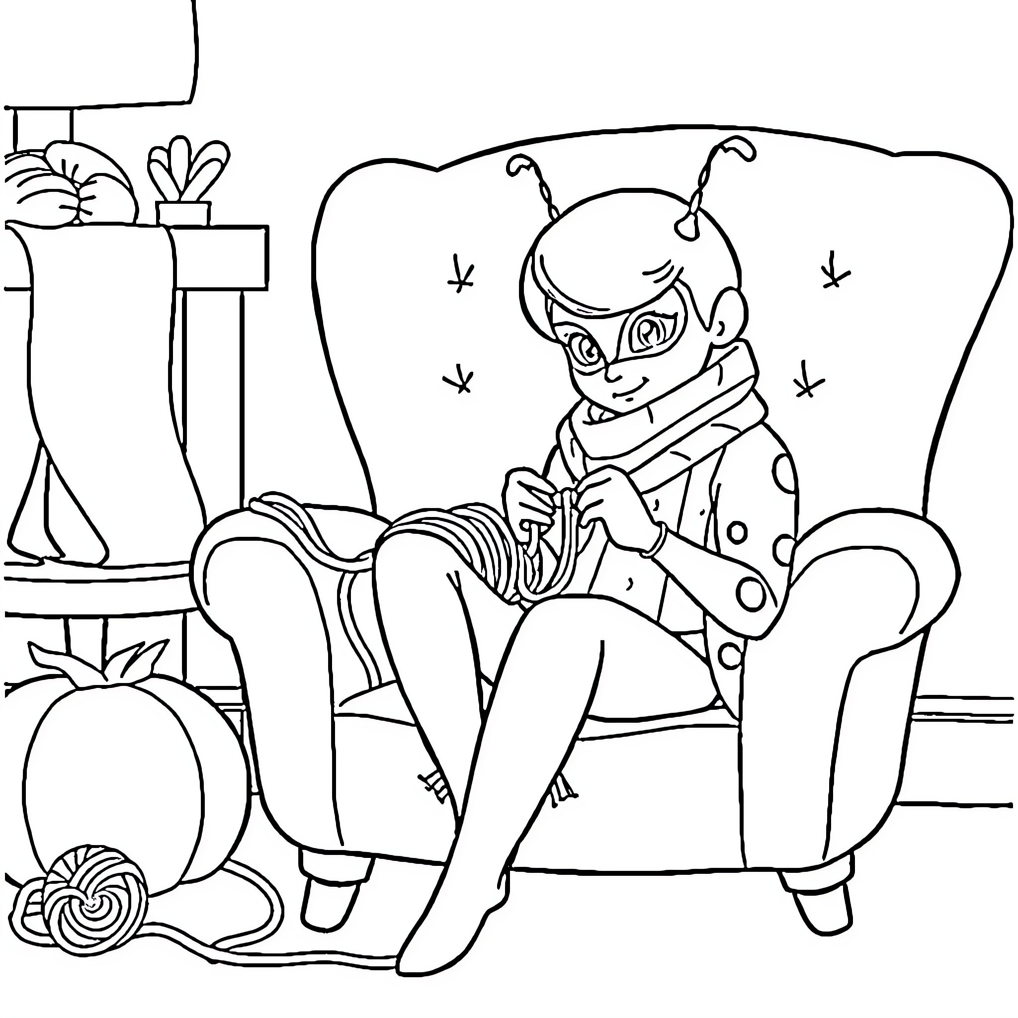 Ladybug relaxing on a cozy chair Coloring Page (free black-and-white line drawing printable PDF for all, from beginners to advanced learners, including children, teens, adults, and seniors)