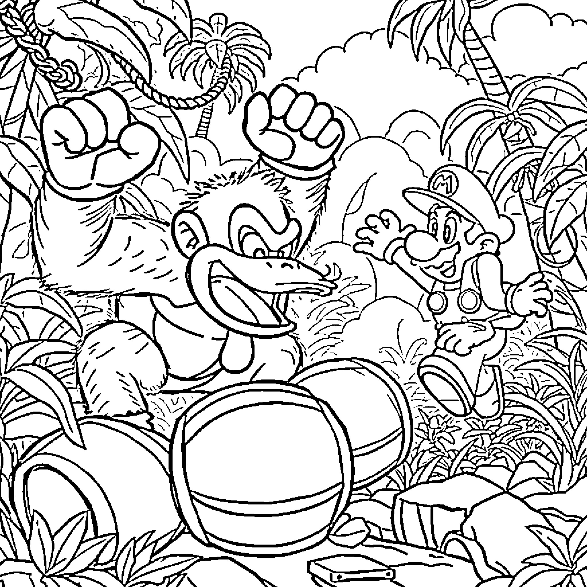 Donkey Kong and Friends Explore the Jungle Coloring Page (free black-and-white line drawing printable PDF for all, from beginners to advanced learners, including children, teens, adults, and seniors)