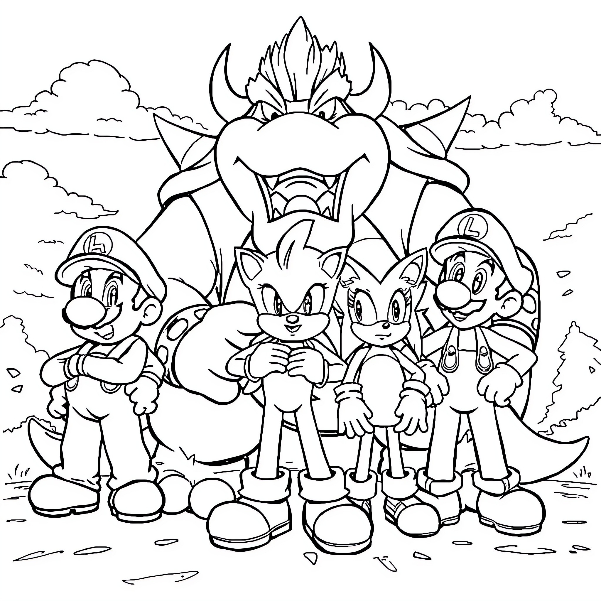 Bowser and friends in a fantasy world Coloring Page (free black-and-white line drawing printable PDF for all, from beginners to advanced learners, including children, teens, adults, and seniors)