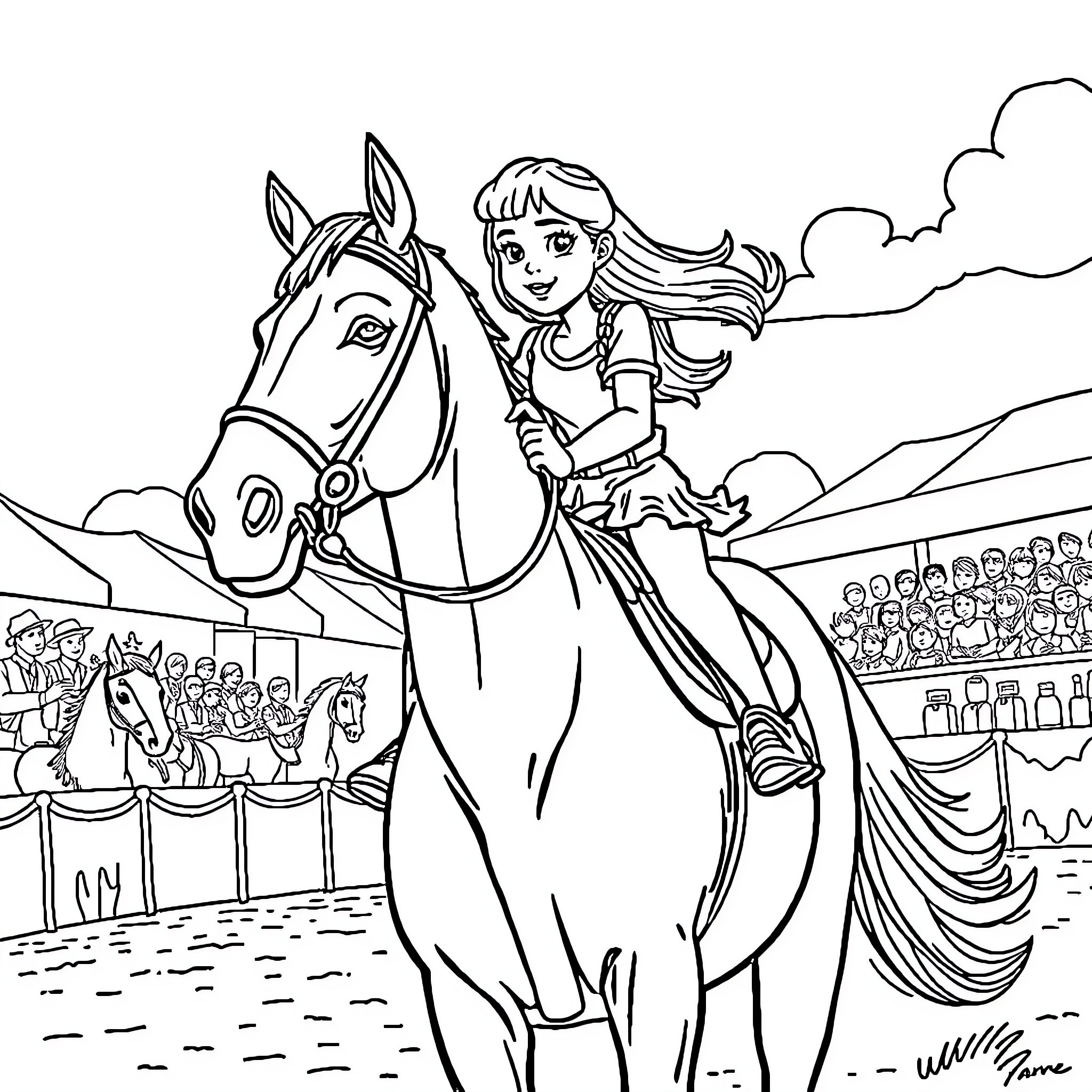 Girl riding horse in arena performance Coloring Page (free black-and-white line drawing printable PDF for all, from beginners to advanced learners, including children, teens, adults, and seniors)