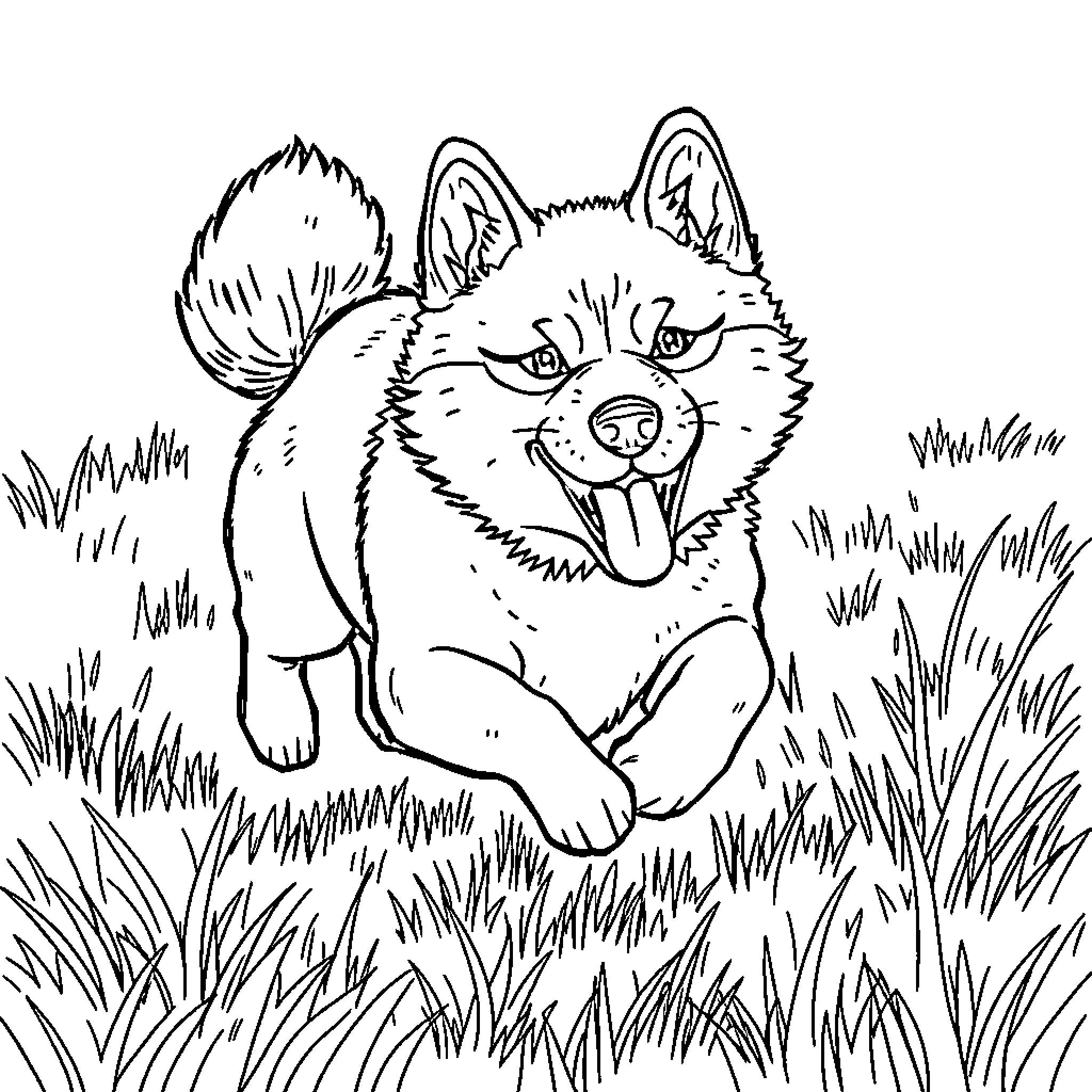 Shiba Inu playing in the grass Coloring Page (free black-and-white line drawing printable PDF for all, from beginners to advanced learners, including children, teens, adults, and seniors)