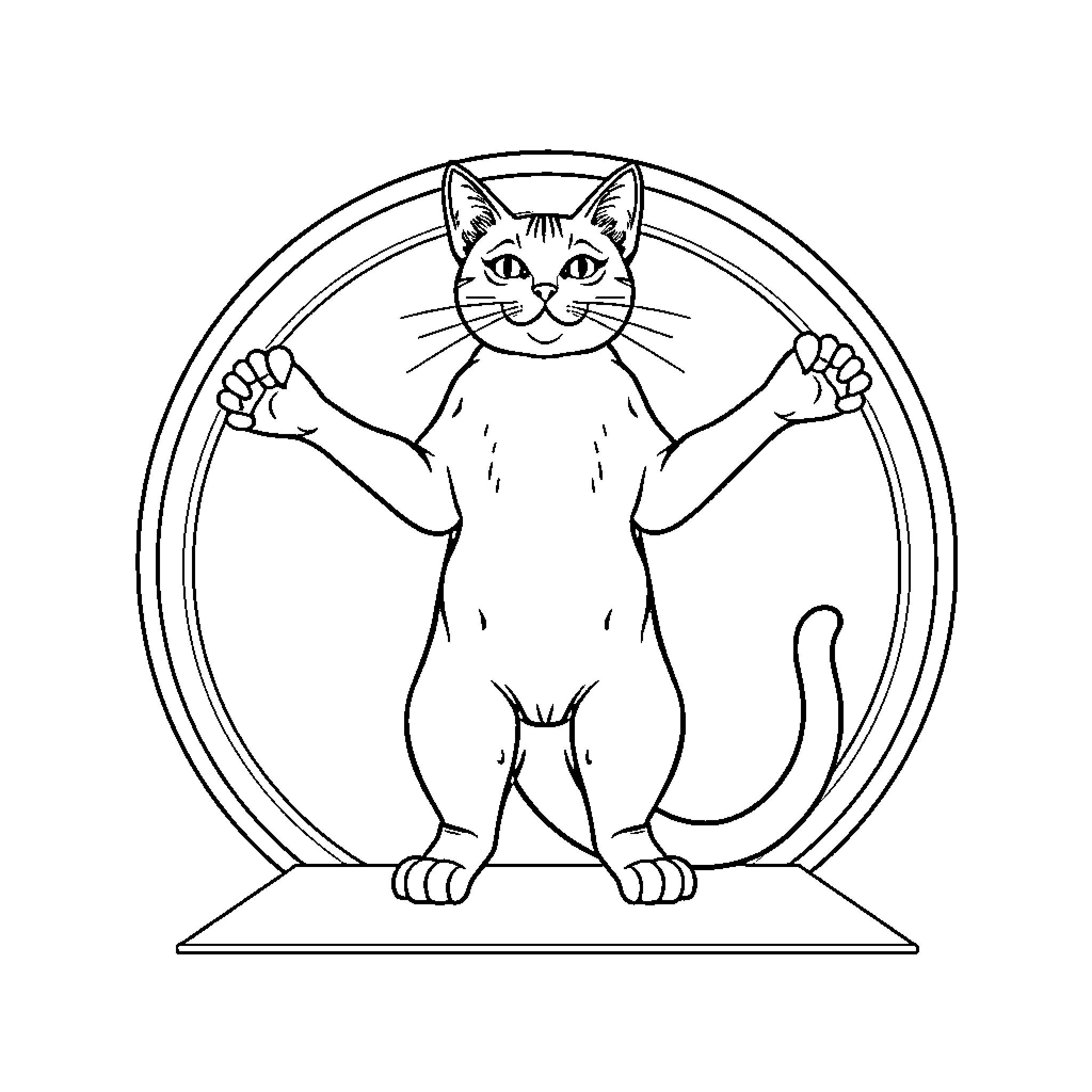 Cat posing confidently in art deco frame Coloring Page (free black-and-white line drawing printable PDF for all, from beginners to advanced learners, including children, teens, adults, and seniors)