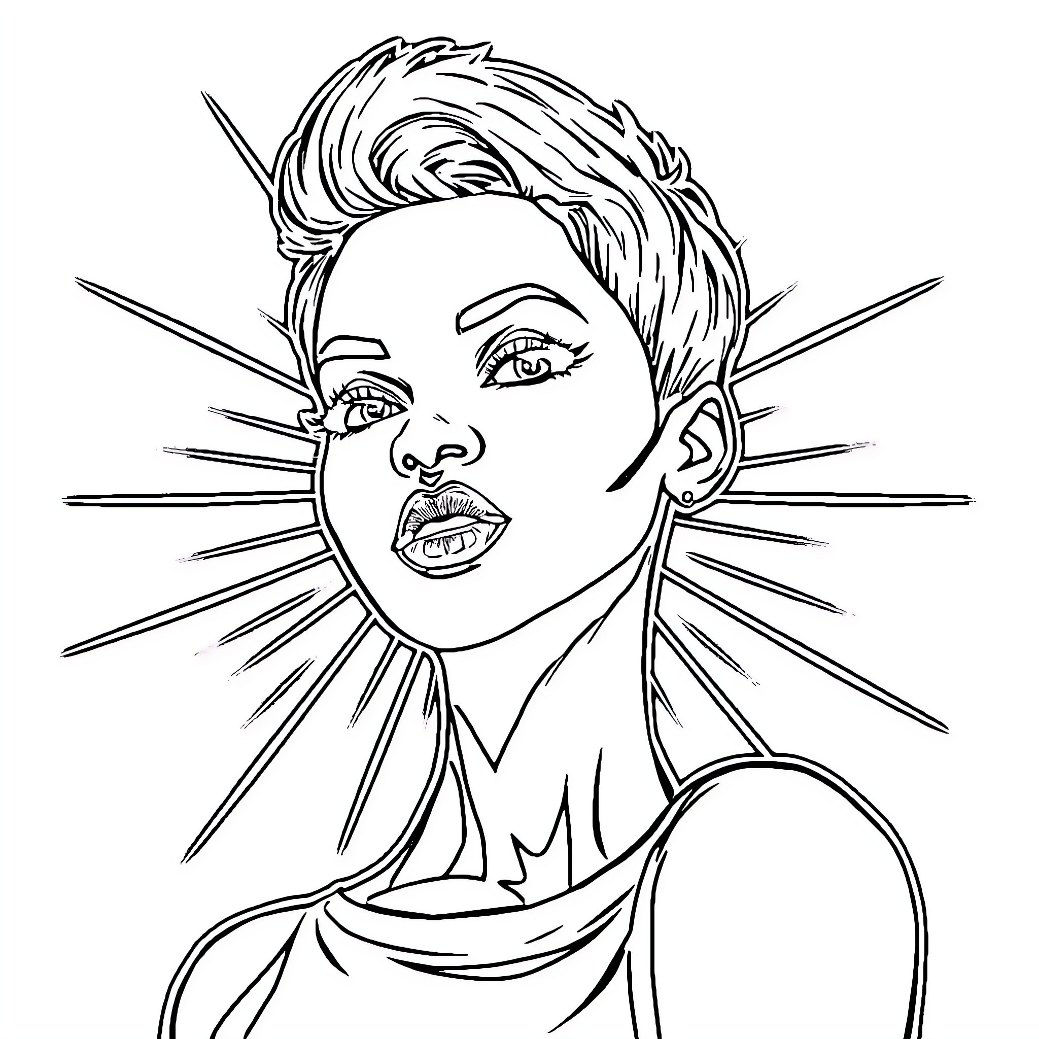 Woman with expressive facial features and dramatic lighting Coloring Page (free black-and-white line drawing printable PDF for all, from beginners to advanced learners, including children, teens, adults, and seniors)