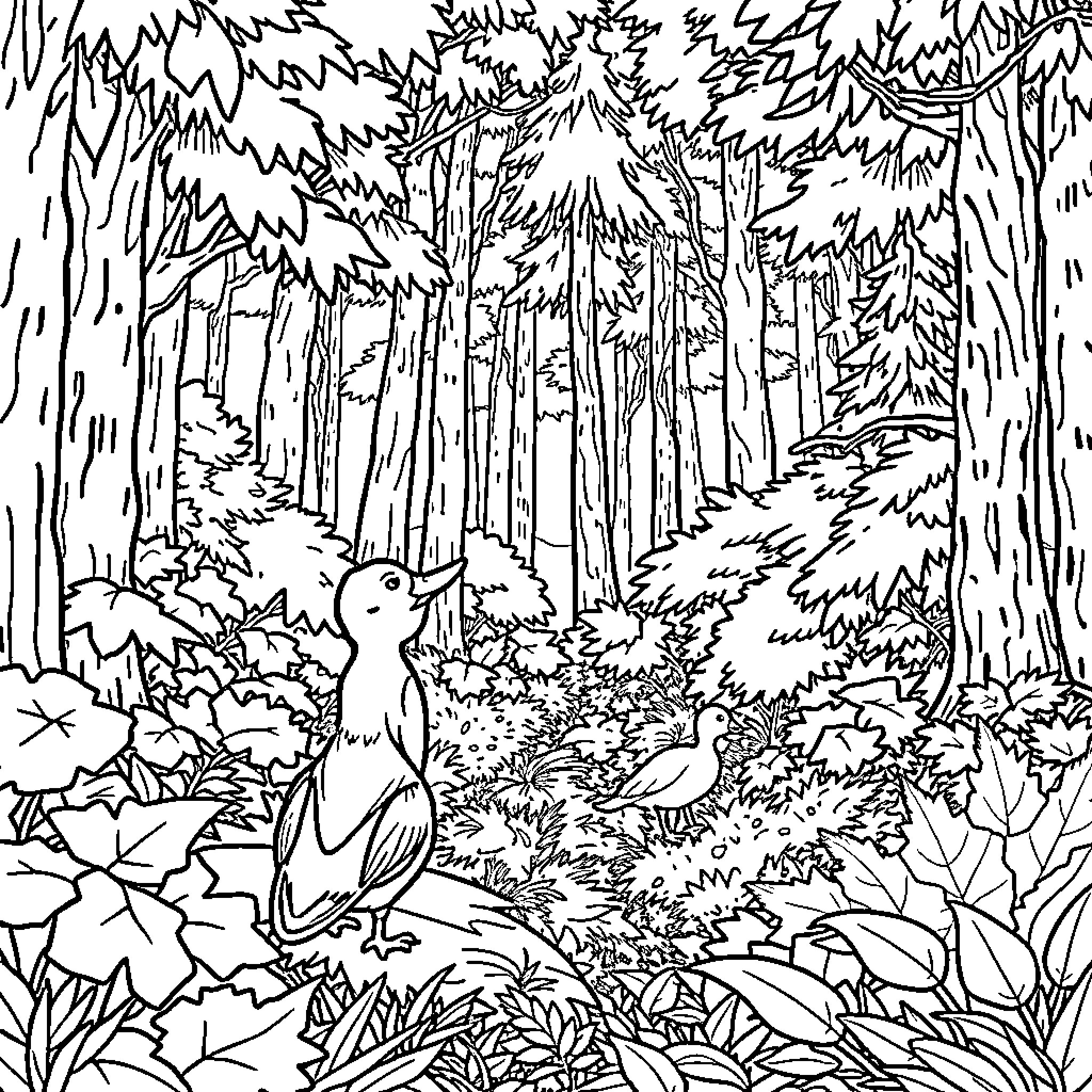 Duck exploring the lush forest Coloring Page (free black-and-white line drawing printable PDF for all, from beginners to advanced learners, including children, teens, adults, and seniors)