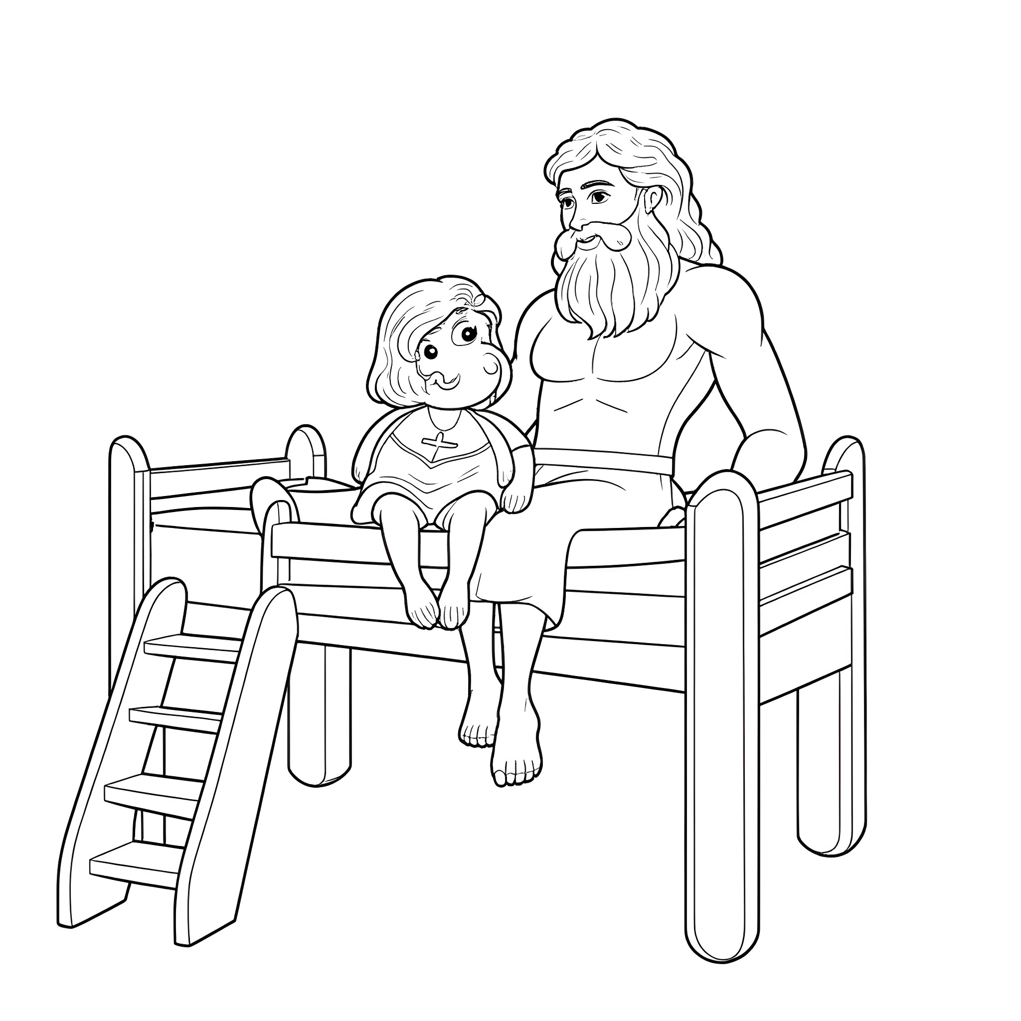 Zeus spending quality time with a child on a bunk bed Coloring Page (free black-and-white line drawing printable PDF for all, from beginners to advanced learners, including children, teens, adults, and seniors)