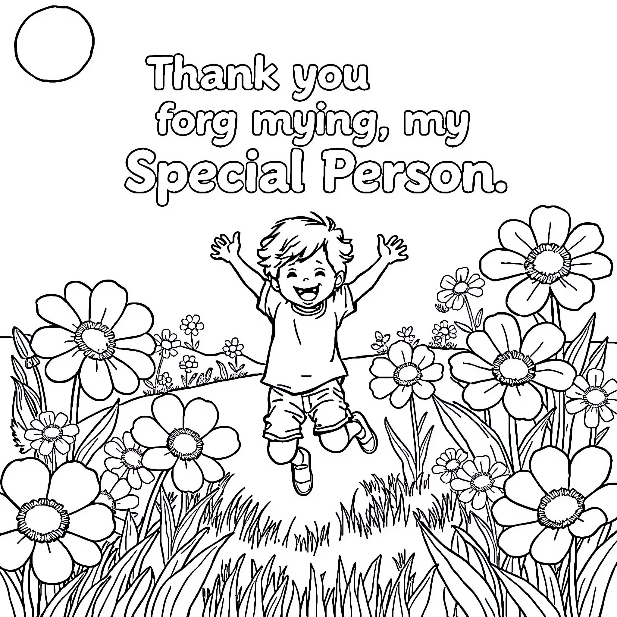 Child joyfully jumping in floral field Coloring Page (free black-and-white line drawing printable PDF for all, from beginners to advanced learners, including children, teens, adults, and seniors)