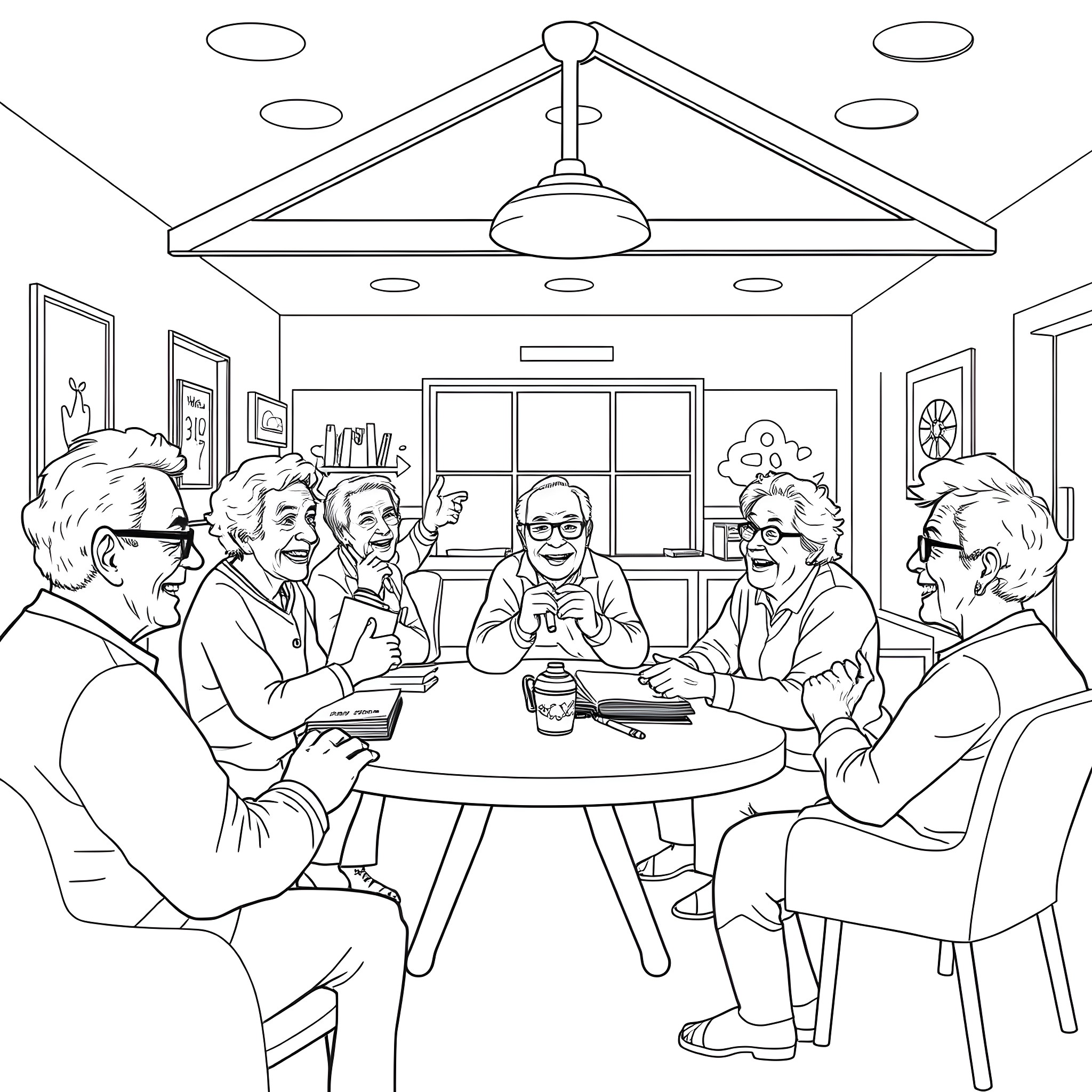 Senior Citizens Enjoying Conversation in Cozy Home Coloring Page (free black-and-white line drawing printable PDF for all, from beginners to advanced learners, including children, teens, adults, and seniors)