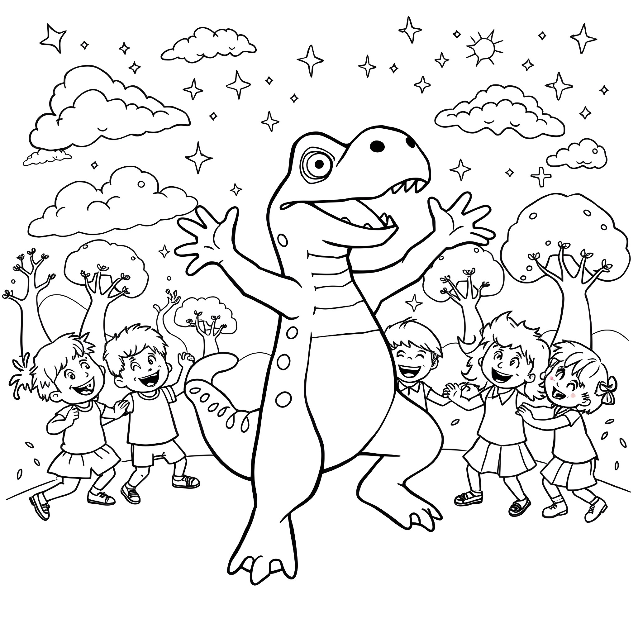 Reptar playing with happy children in a magical forest Coloring Page (free black-and-white line drawing printable PDF for all, from beginners to advanced learners, including children, teens, adults, and seniors)