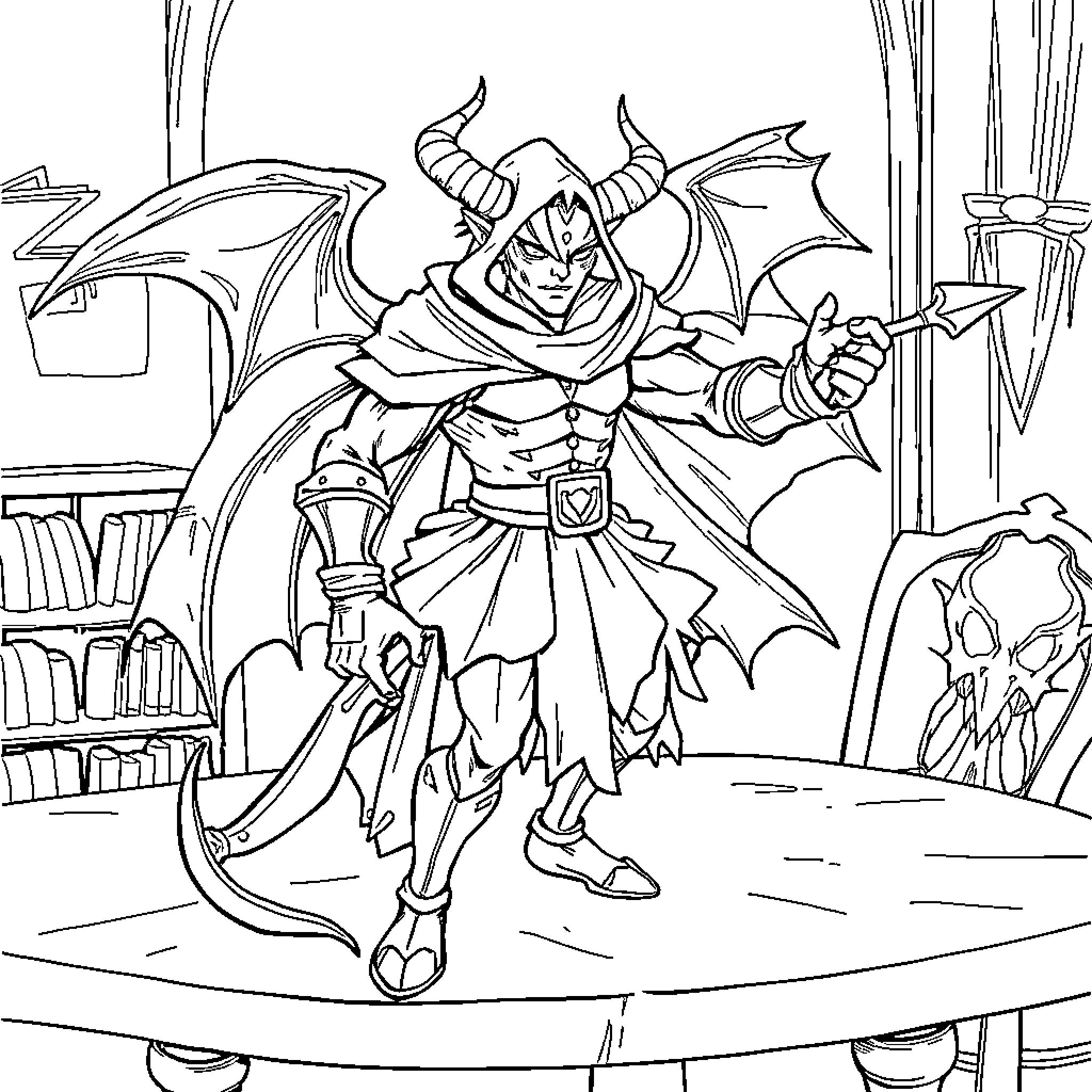 Demon Hunter Wielding Sword in Fierce Battle Coloring Page (free black-and-white line drawing printable PDF for all, from beginners to advanced learners, including children, teens, adults, and seniors)