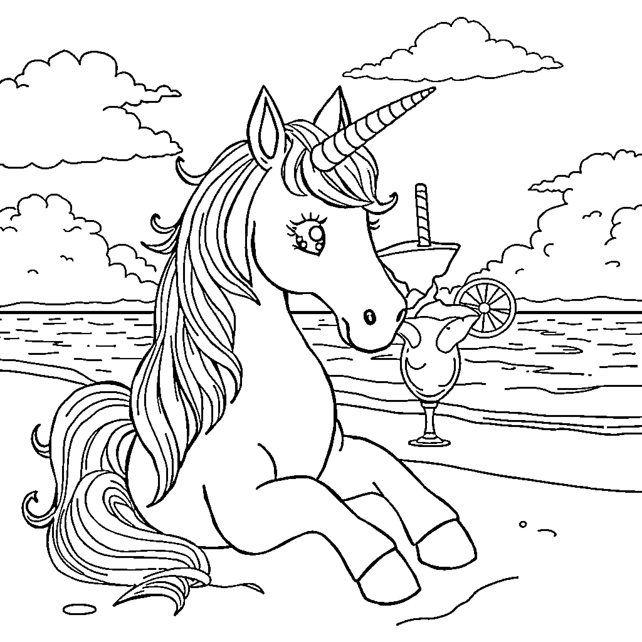 Unicorn relaxing by the beach with a cocktail Coloring Page (free black-and-white line drawing printable PDF for all, from beginners to advanced learners, including children, teens, adults, and seniors)