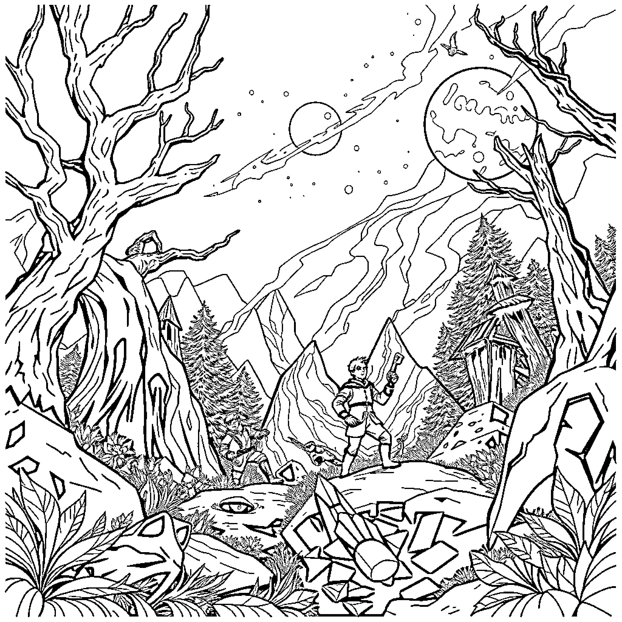 Huntrix Explores Enchanting Otherworldly Landscape Coloring Page (free black-and-white line drawing printable PDF for all, from beginners to advanced learners, including children, teens, adults, and seniors)
