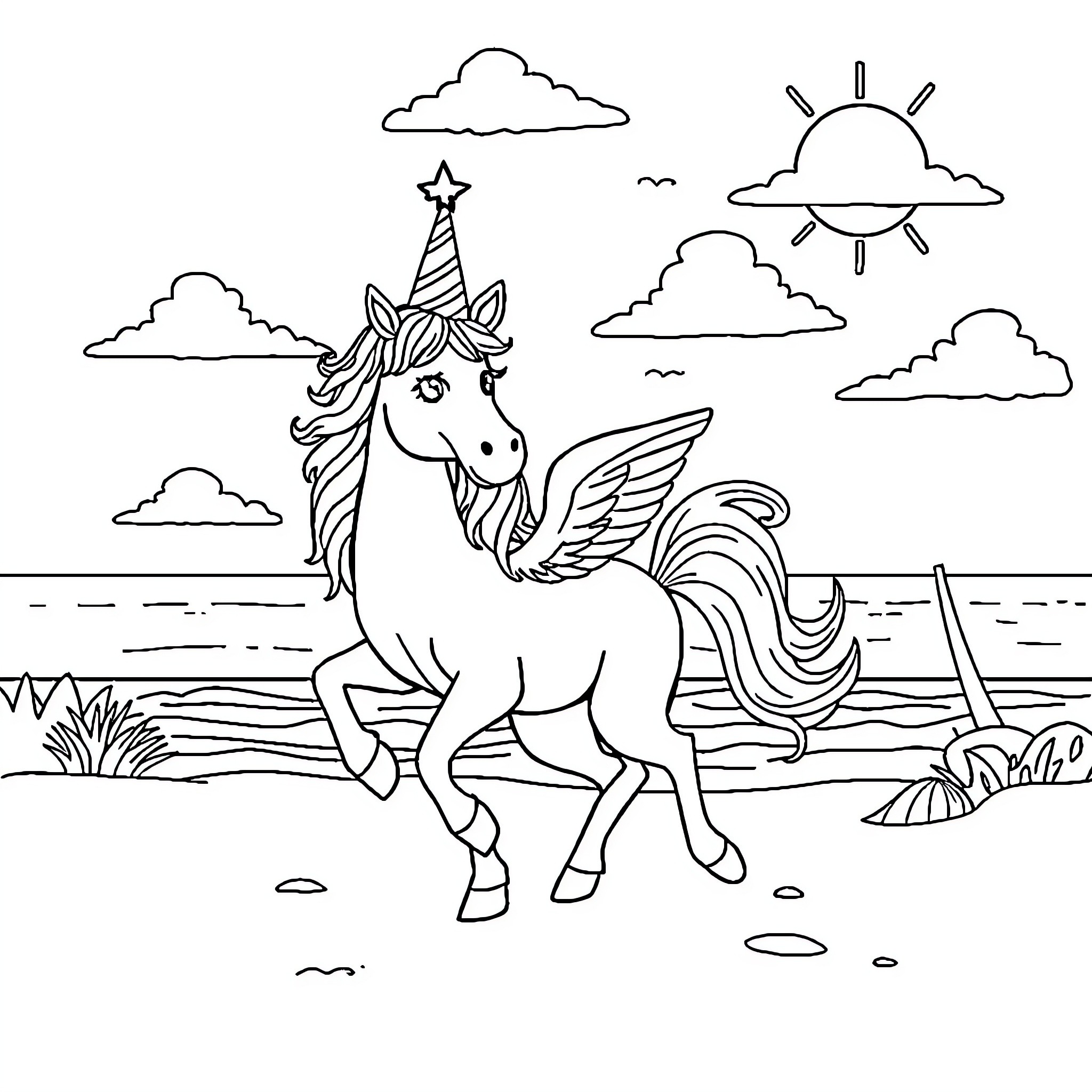 Unicorn prancing joyfully in a serene landscape Coloring Page (free black-and-white line drawing printable PDF for all, from beginners to advanced learners, including children, teens, adults, and seniors)