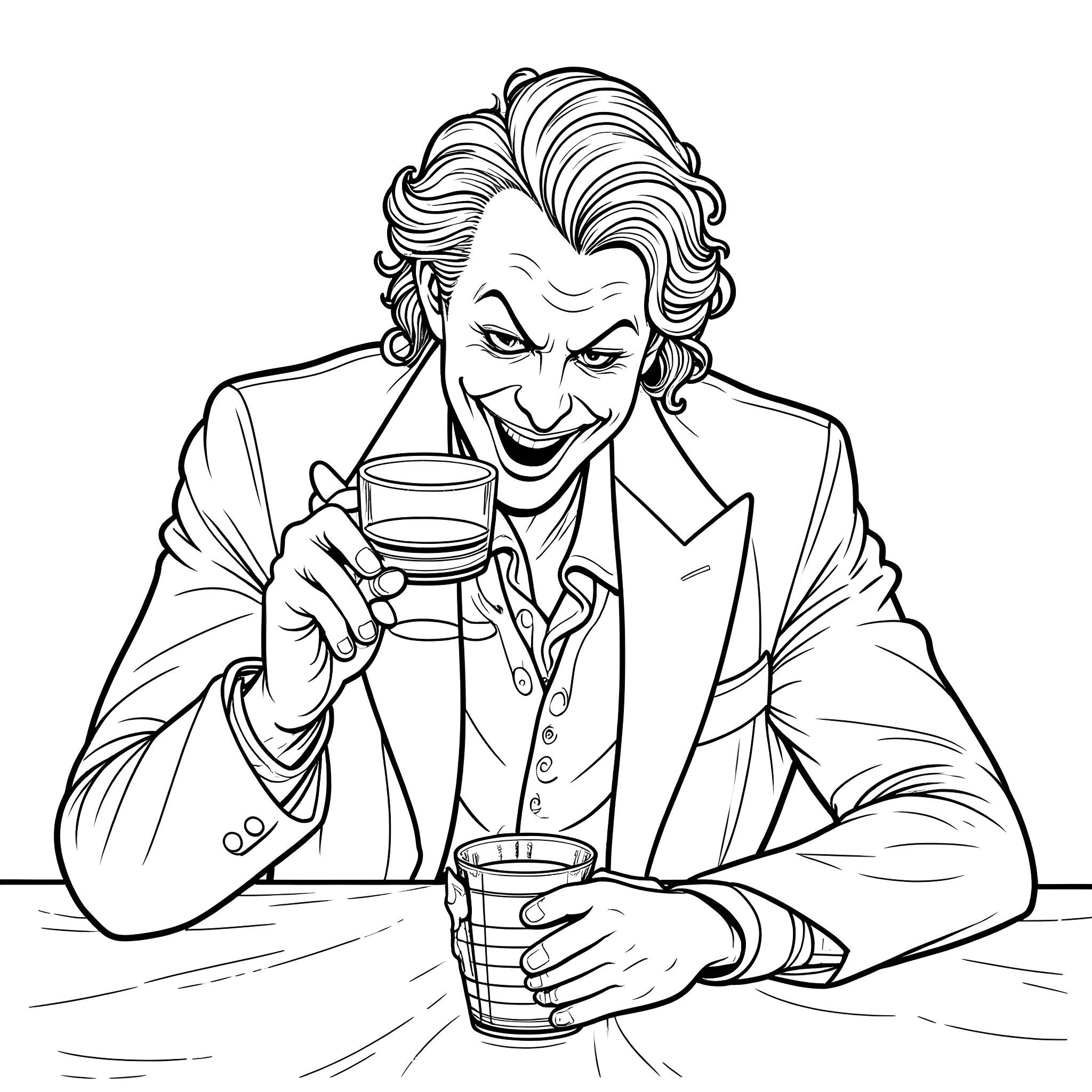 Joker savoring a drink with a mischievous grin Coloring Page (free black-and-white line drawing printable PDF for all, from beginners to advanced learners, including children, teens, adults, and seniors)