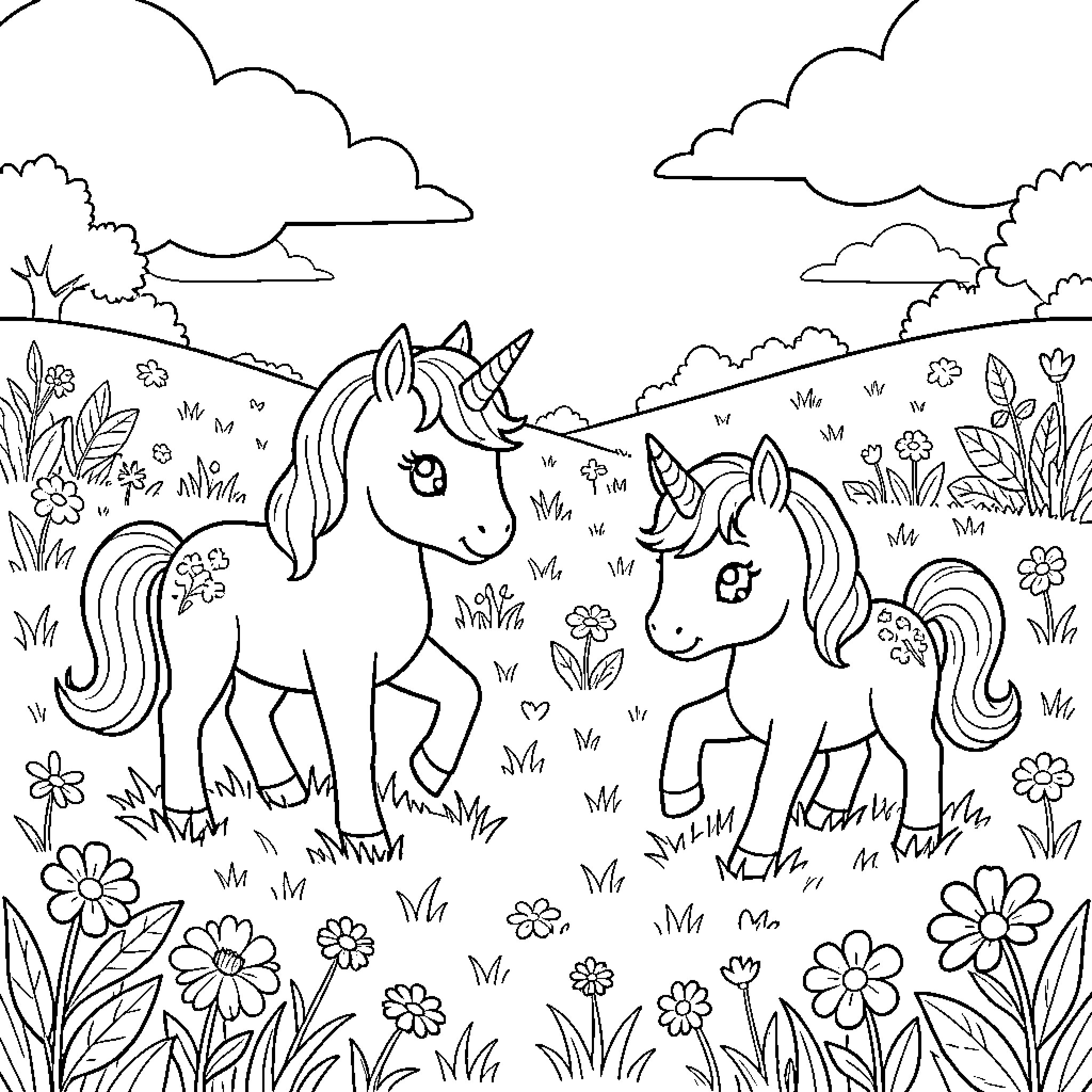 Unicorn Friends Playing in Floral Meadow Coloring Page (free black-and-white line drawing printable PDF for all, from beginners to advanced learners, including children, teens, adults, and seniors)