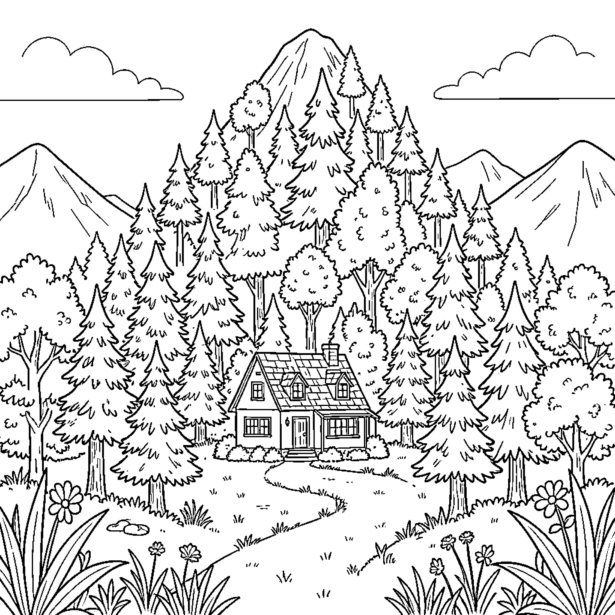 Mountain Cabin in Serene Forest Landscape Coloring Page (free black-and-white line drawing printable PDF for all, from beginners to advanced learners, including children, teens, adults, and seniors)