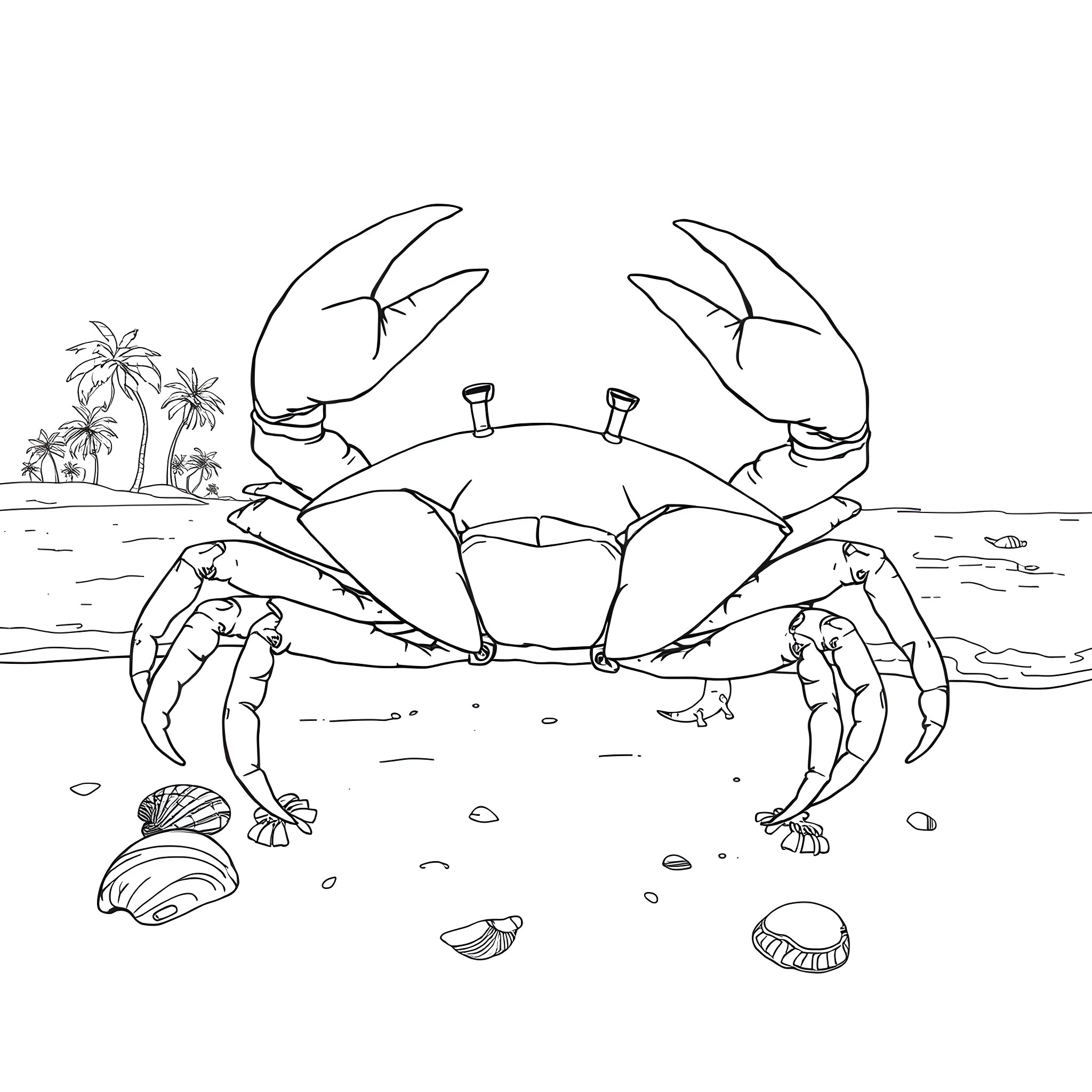 Crab scuttling on the beach with palm trees Coloring Page (free black-and-white line drawing printable PDF for all, from beginners to advanced learners, including children, teens, adults, and seniors)