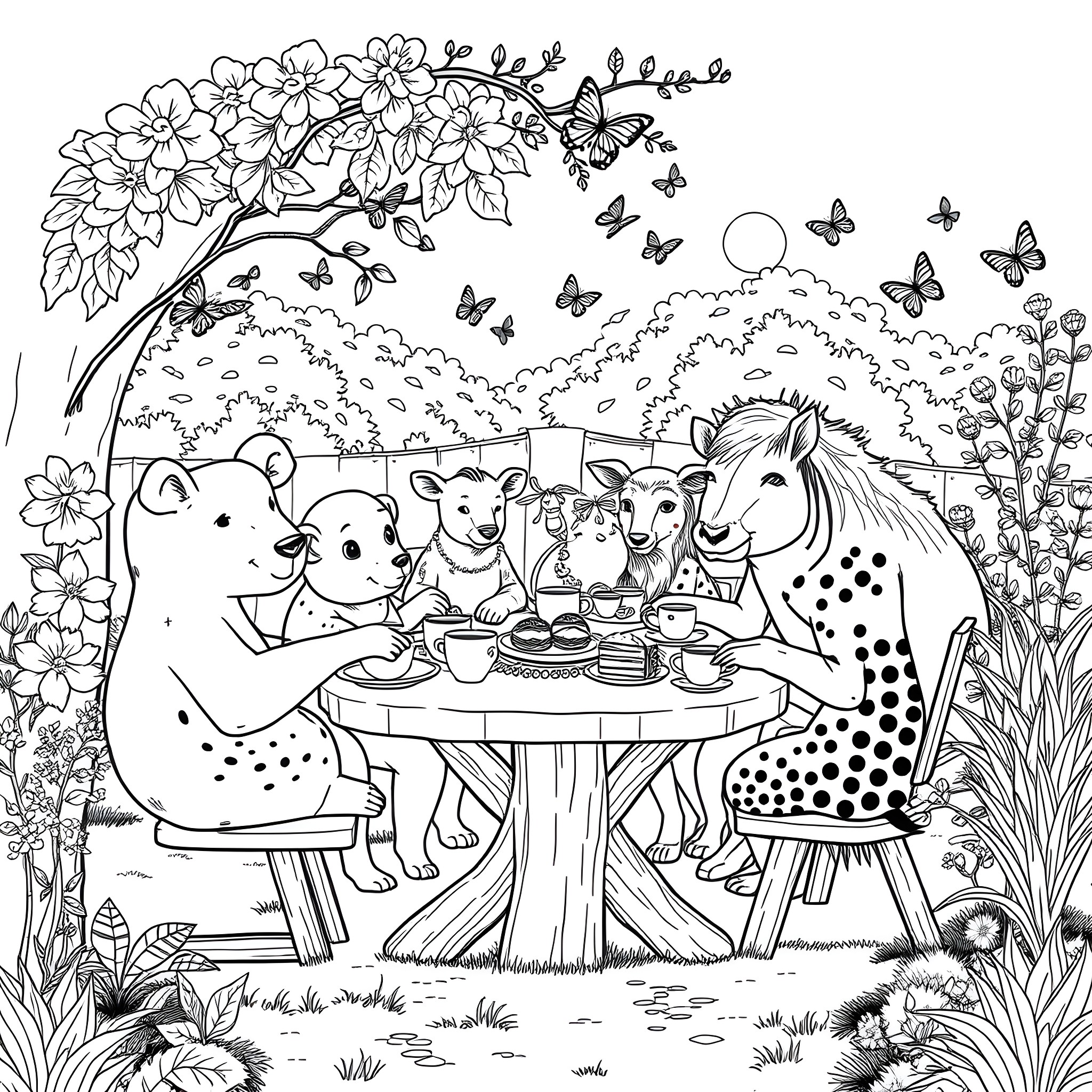 Animal tea party in floral garden Coloring Page (free black-and-white line drawing printable PDF for all, from beginners to advanced learners, including children, teens, adults, and seniors)