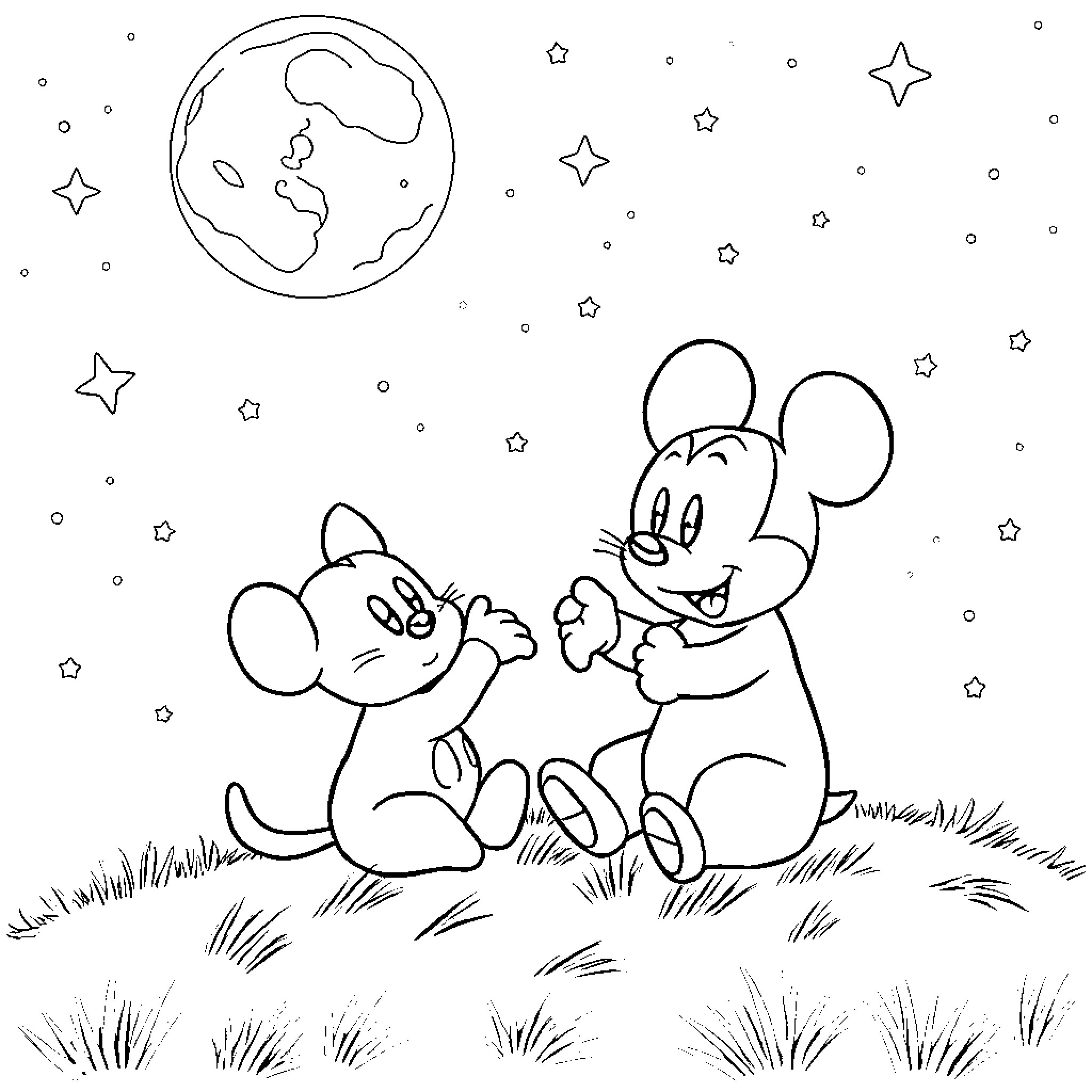 Pusheen and friend playing under the starry sky Coloring Page (free black-and-white line drawing printable PDF for all, from beginners to advanced learners, including children, teens, adults, and seniors)