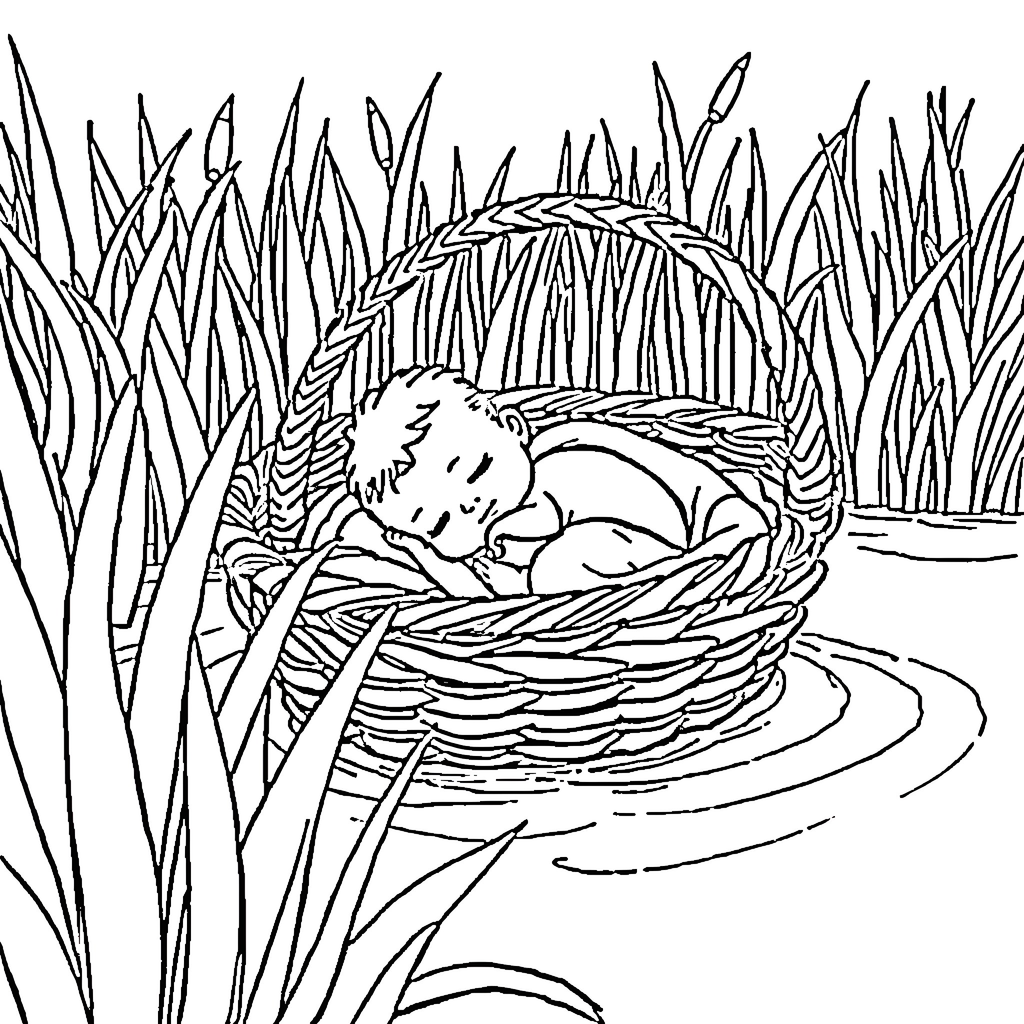 Moses found in the basket on the river Coloring Page (free black-and-white line drawing printable PDF for all, from beginners to advanced learners, including children, teens, adults, and seniors)