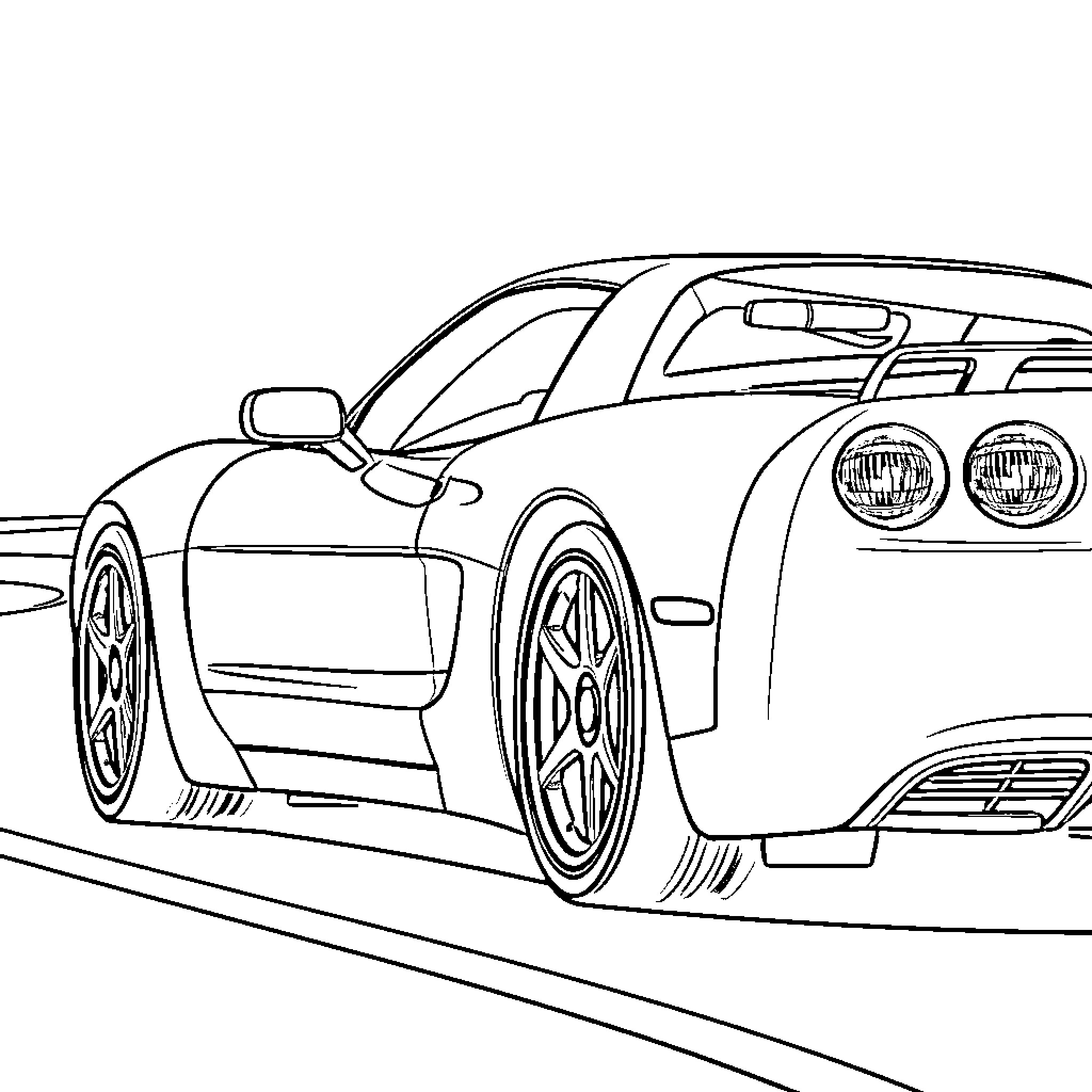 Corvette speeding down the road Coloring Page (free black-and-white line drawing printable PDF for all, from beginners to advanced learners, including children, teens, adults, and seniors)