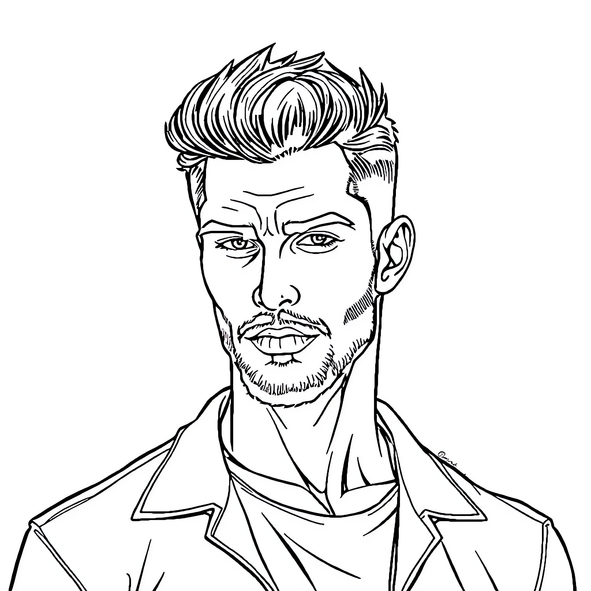 Male portrait with expressive facial features Coloring Page (free black-and-white line drawing printable PDF for all, from beginners to advanced learners, including children, teens, adults, and seniors)