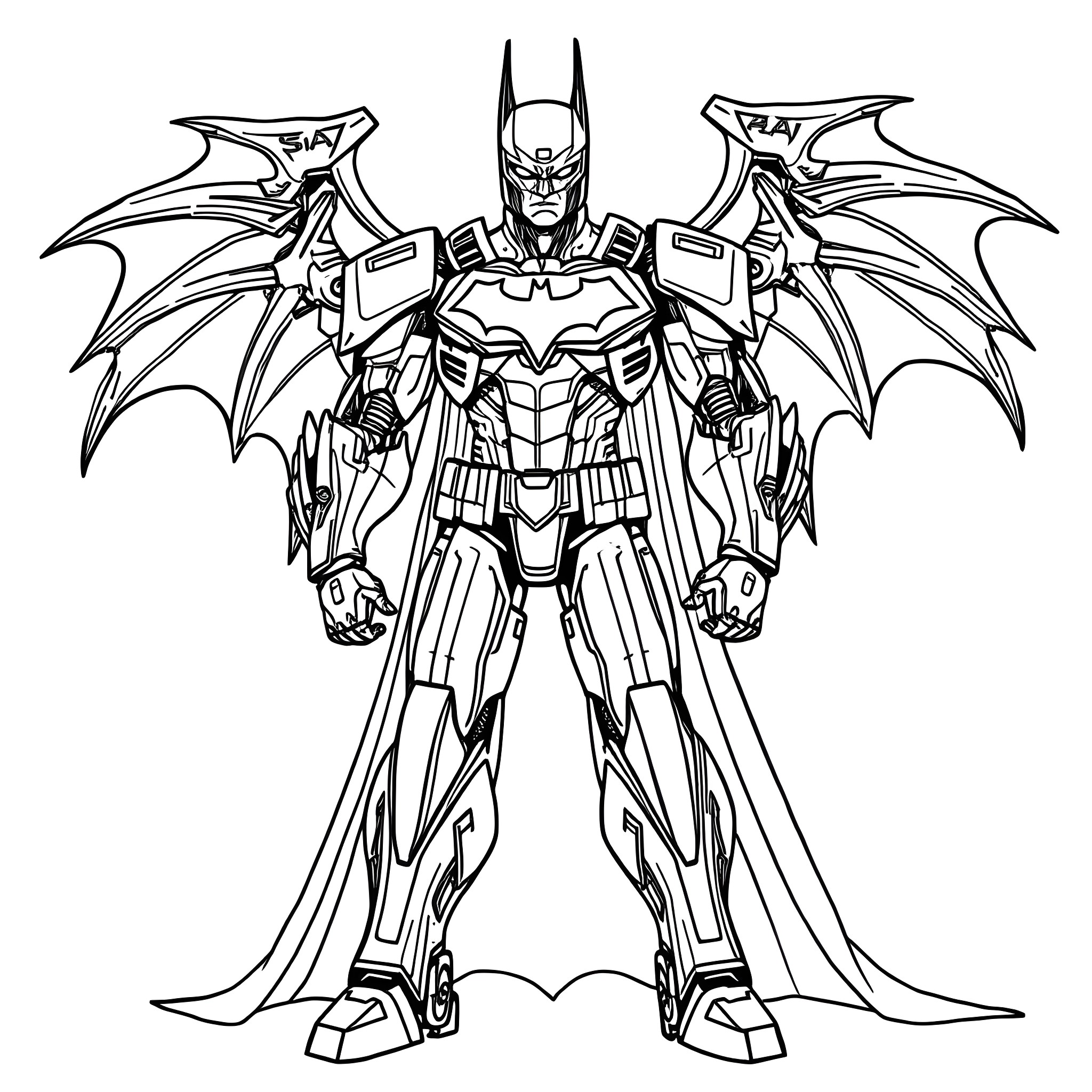 Mecha Batman in Heroic Pose Coloring Page (free black-and-white line drawing printable PDF for all, from beginners to advanced learners, including children, teens, adults, and seniors)